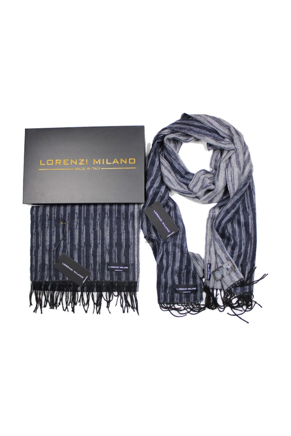 Lorenzi Milano Siyah Gri Siyah Renk Dikey Çizgili Atkı Modeli Unisex