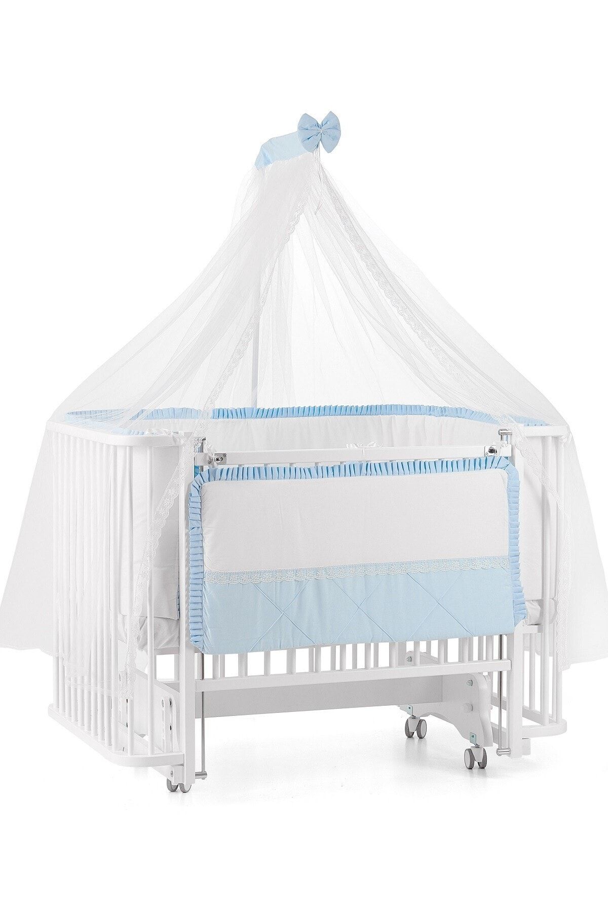 Meltem Smart Sallanır Ahşap Anne Yanı Beşik - 70x110 Cm (BEYAZ-MAVİ)