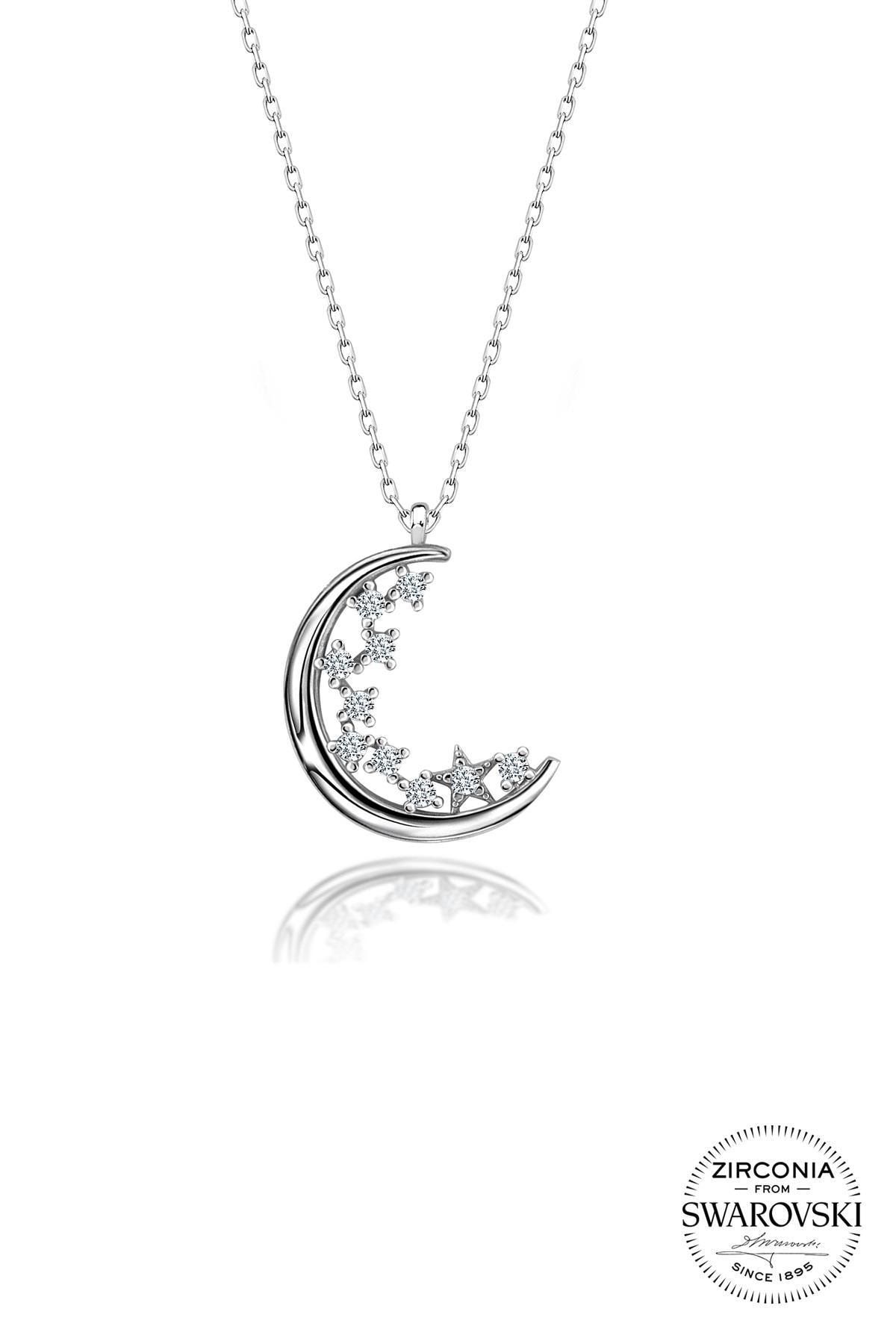 Söğütlü Silver Gümüş Swarovski Taşlı Pırlanta Modeli Ay Kolye Sgtl20525