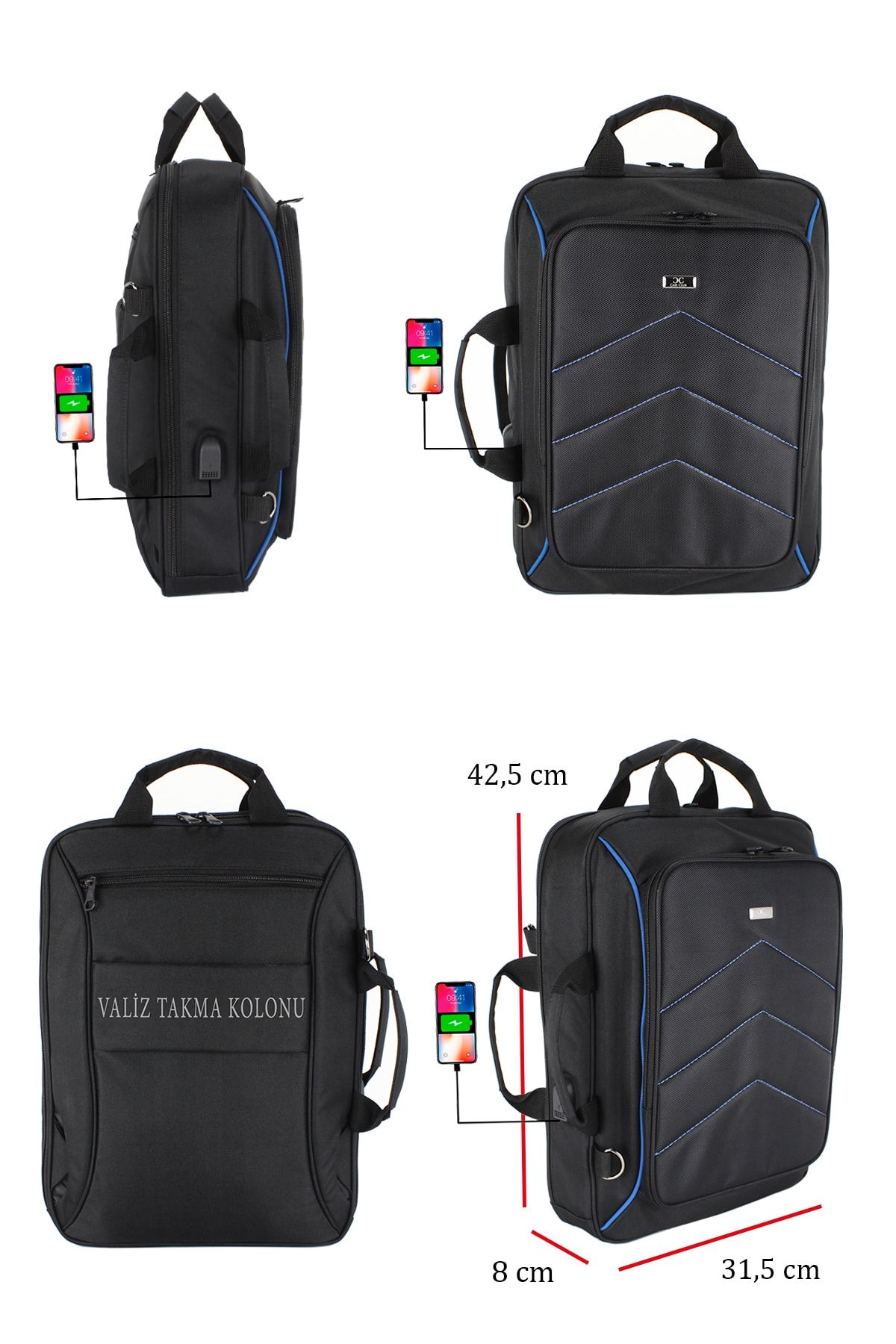 Case Club Unisex Laptop Sırt El Ve Omuz Çantası 15,6'' Su Geçirmez Kumaş Usb Aparatlı