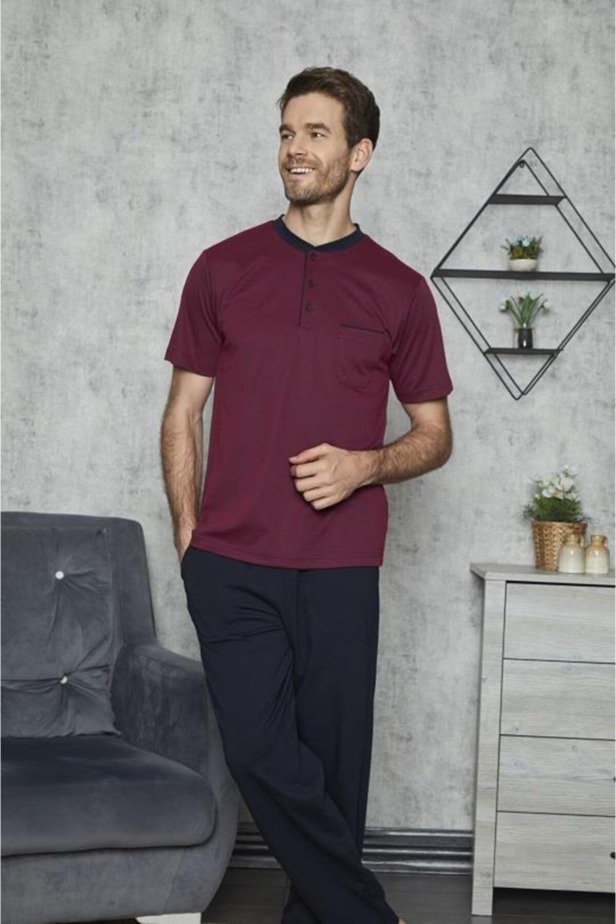 Madameshop Erkek Bordo  Battal Midi Yaka Pijama Takımı