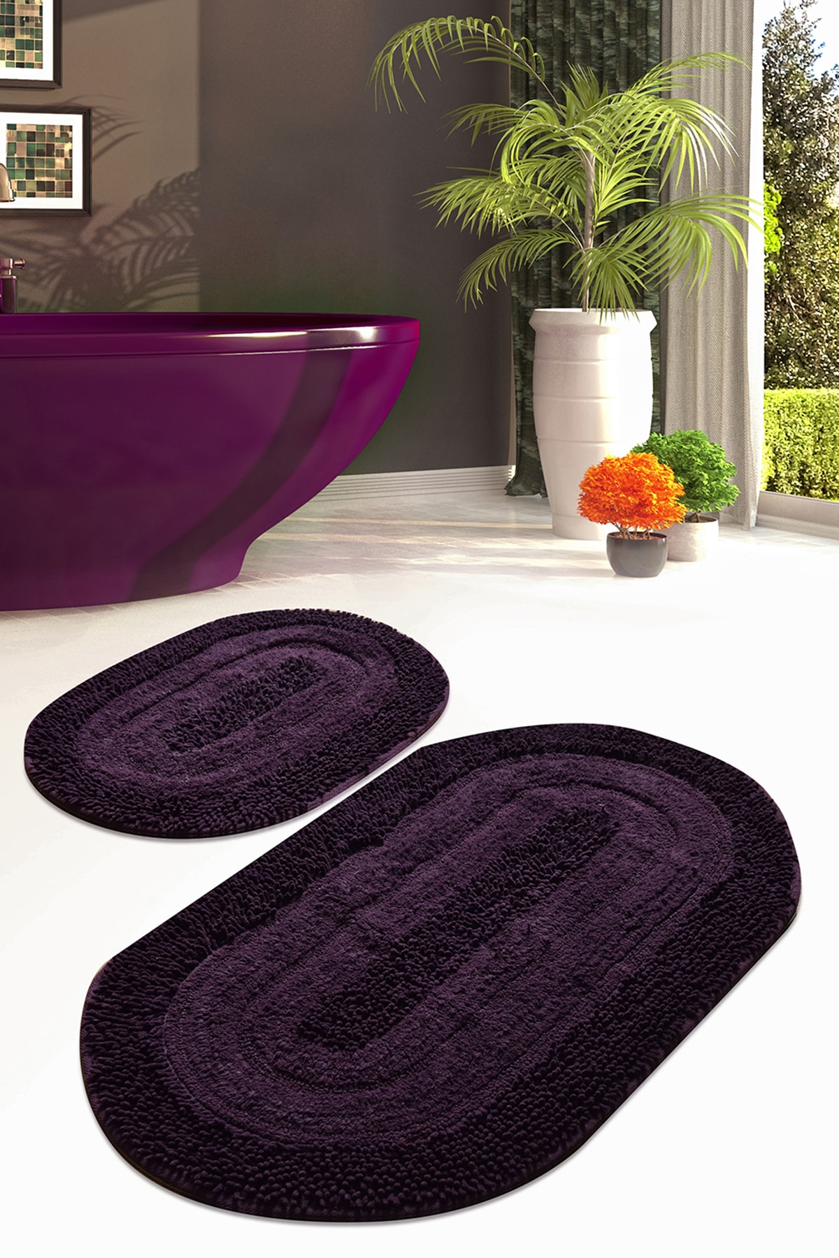 Chilai Home Macoroni Mor 2 Li Set Banyo Halısı Yıkanabilir, Kaymaz Taban