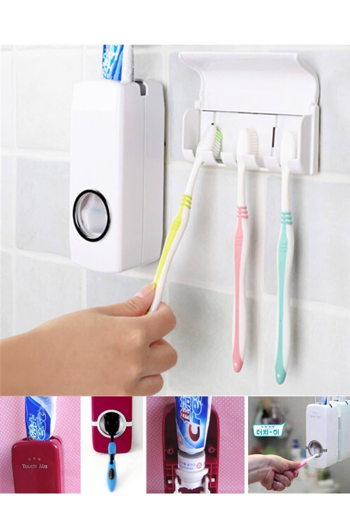 pazariz Banyo Duvarına Yapıştırılabilir Otomatik Sensörlü Diş Macunu Sıkacağı Ve 5'li Diş Fırçalığı