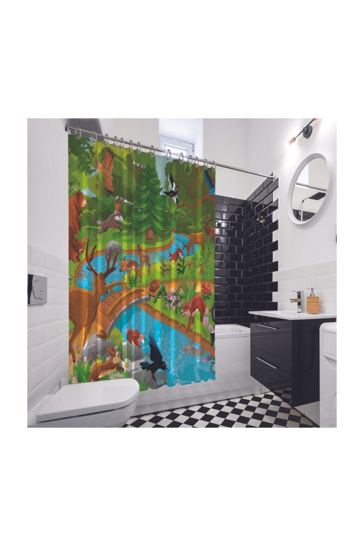 Henge Home Baskılı Duş Perde Mavi Beyaz Geometrik Desenli