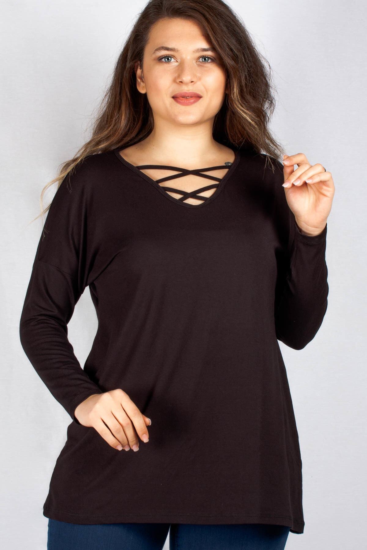 Moda Cazibe Büyük Beden Yaka Çapraz Biyeli Tunik