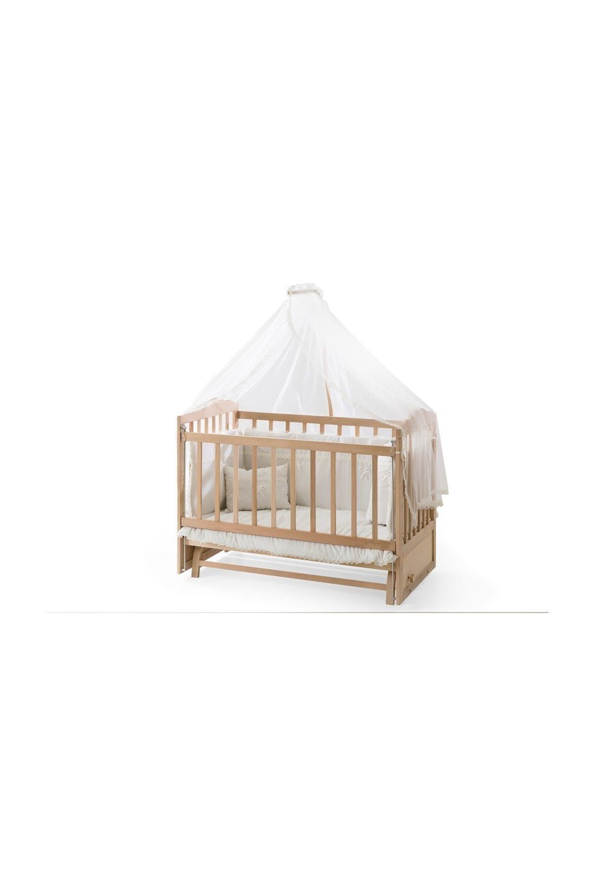 Carino Wins Carino Ahşap Organik 60 X 120 Cm Beşik Anne Yanı Kademeli Beşik Ve Güpürlü Nevresim Takımı & Yatak