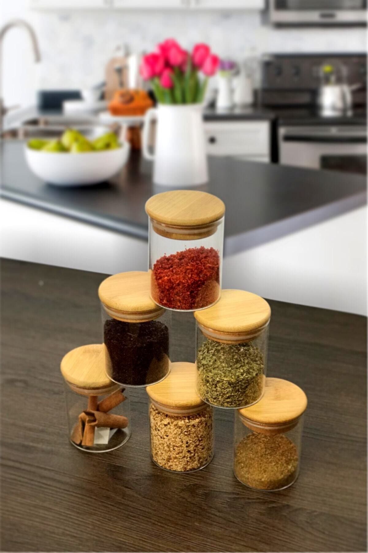 FBZhome 6'lı Bambu Kapaklı Cam Kavanoz Baharatlık 200 Ml Baharat Seti