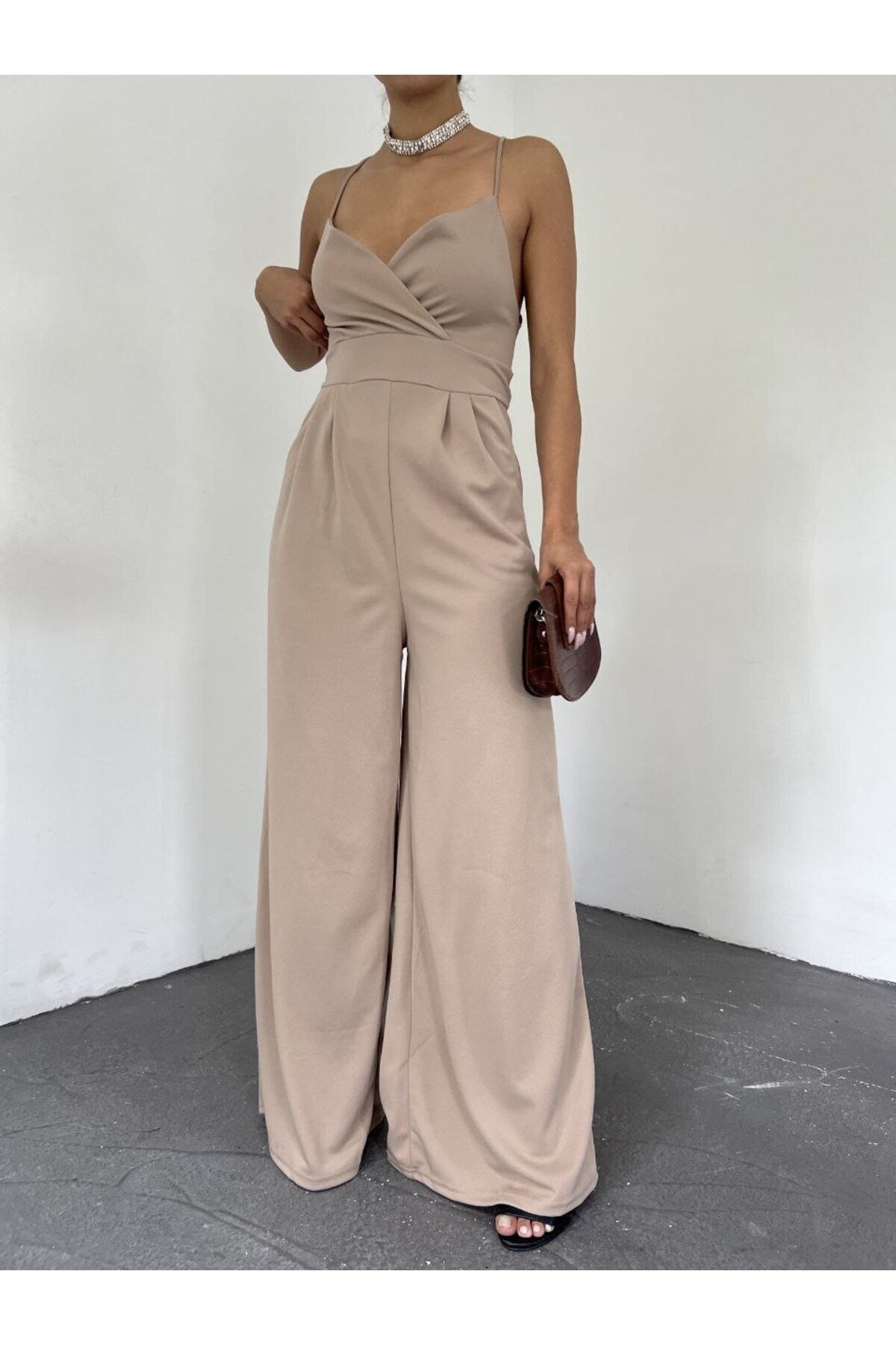 Beige wide shop leg jumpsuit