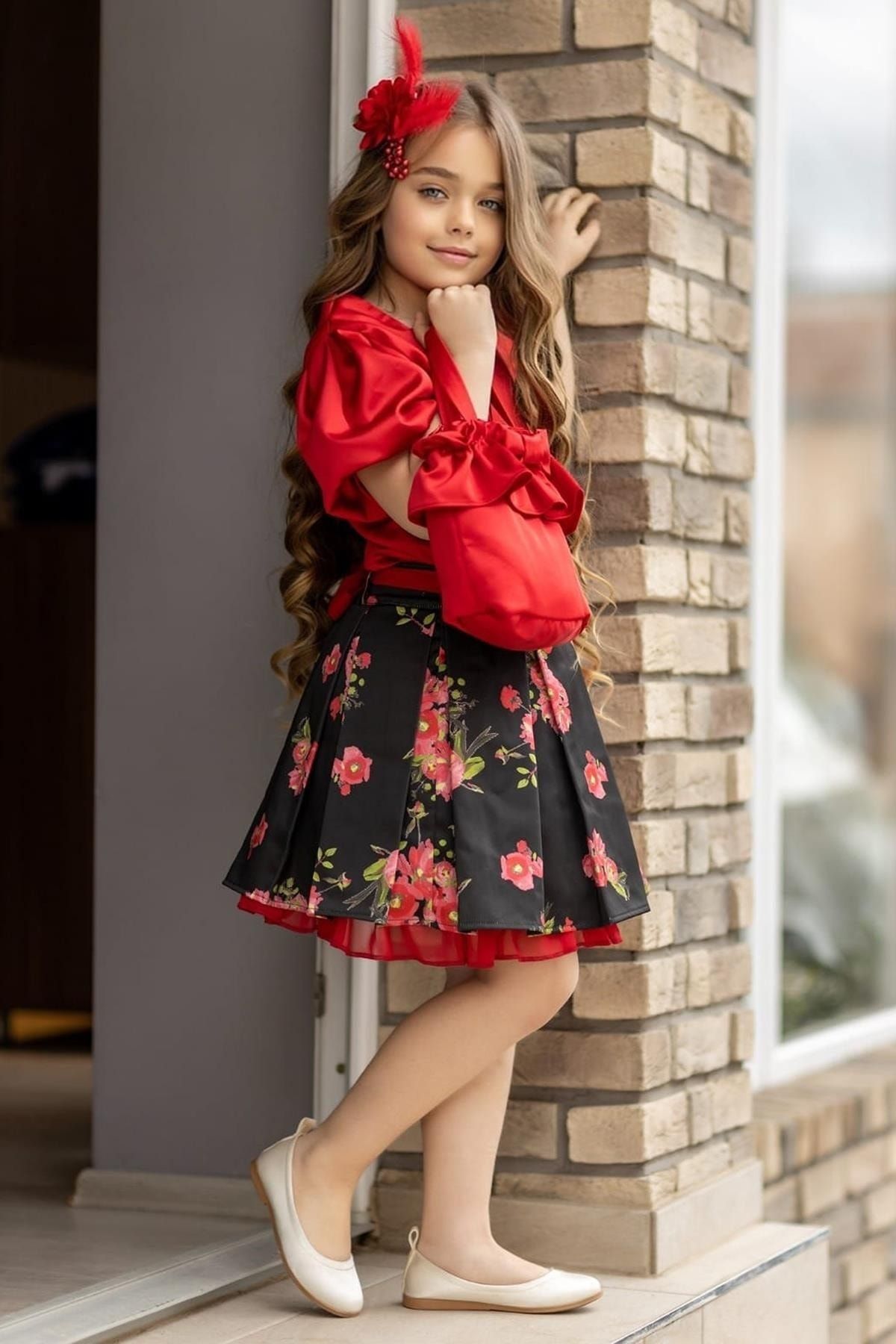 Riccotarz Girl s Balloon Sleeve Blouse Flower Patterned Tulle