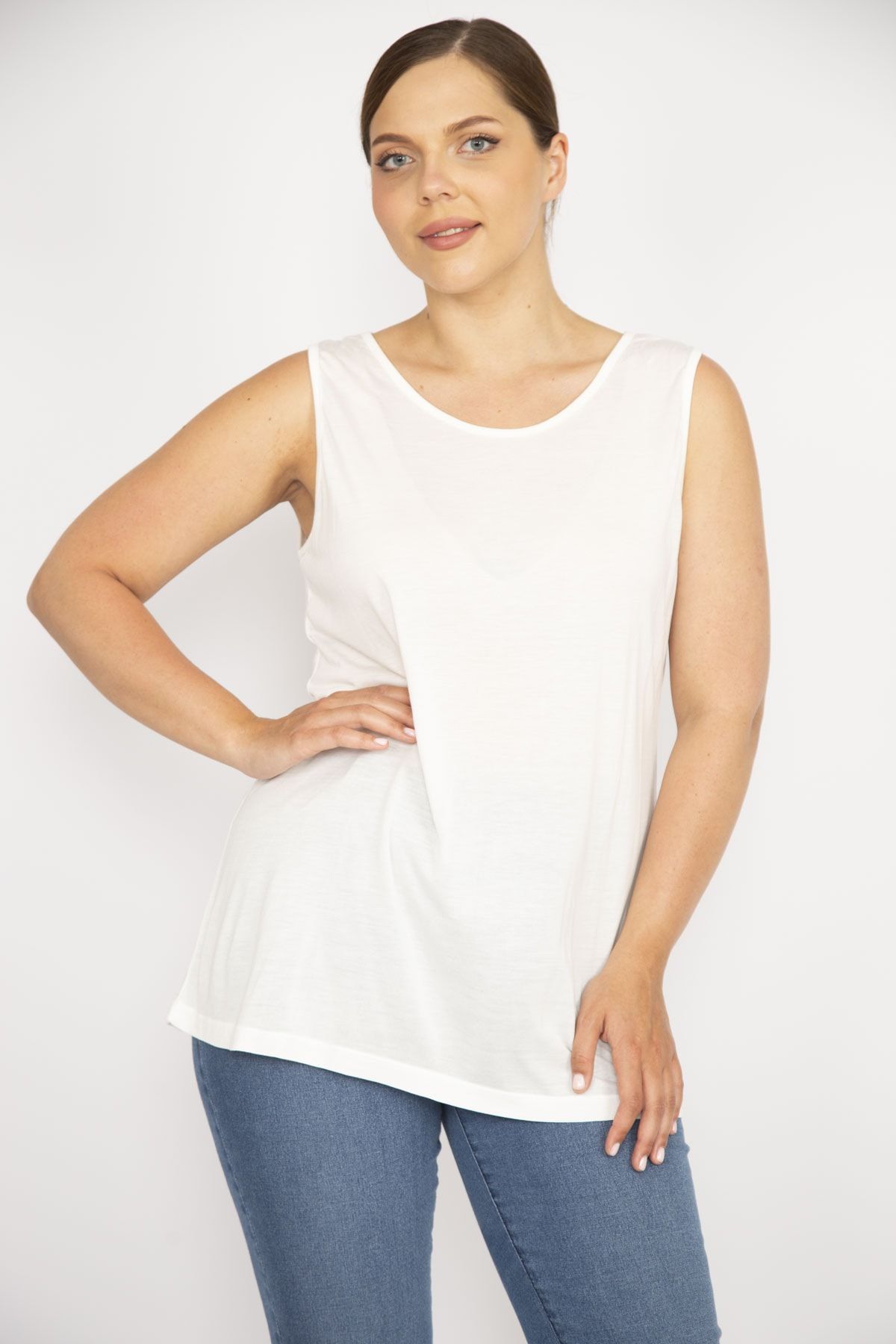 ans Women s Bone Plus Size Crew Neck Sleeveless Blouse Trendyol