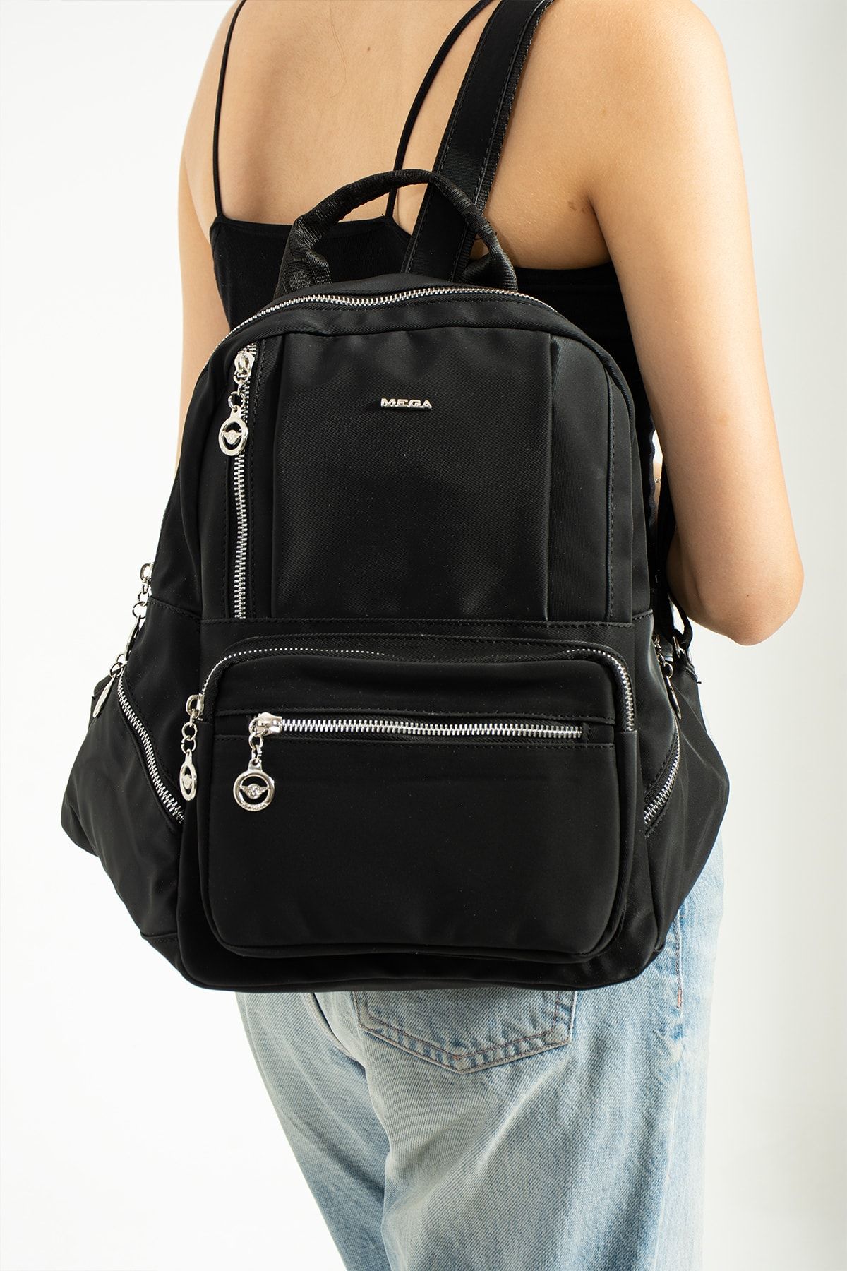 Plain black mini backpack store