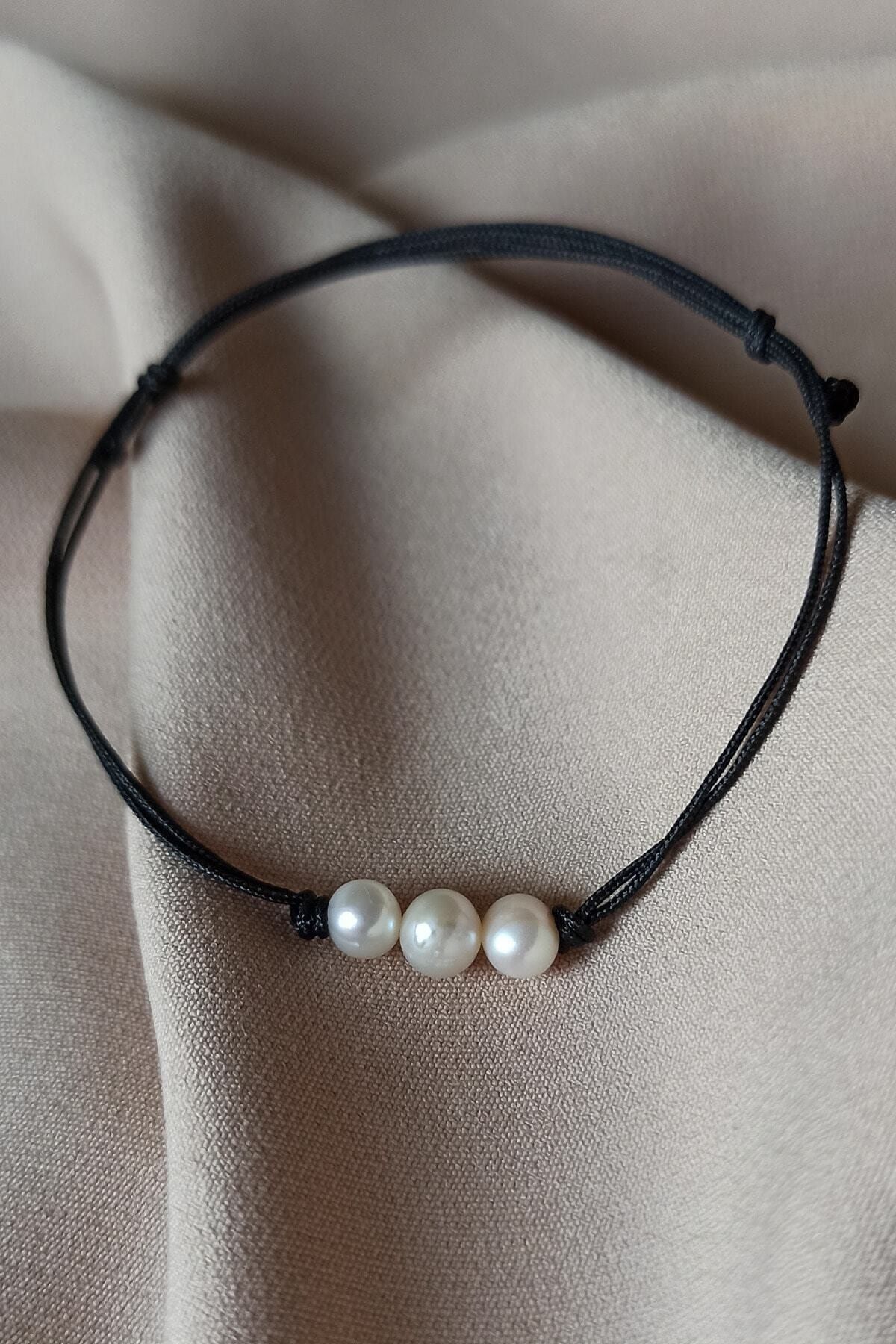 ikolataksesuar Adjustable Black Rope Bracelet with 3 Pearls