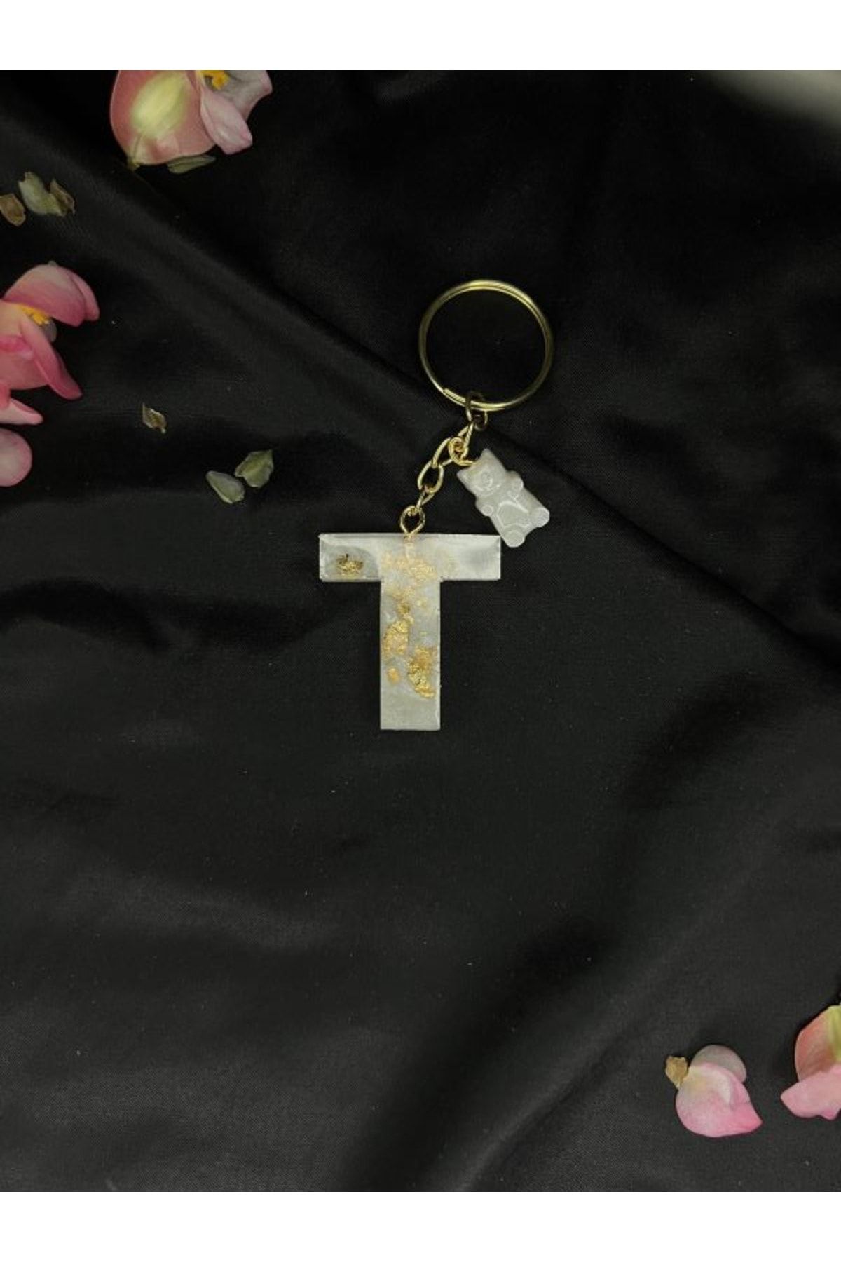 GrandeAccessory Gold Leaf White Letter T with Tiny Teddy Bear