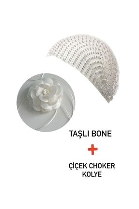 Beyaz Taşlı File Bandana Saç Aksesuarı Bone Ve Bağcıklı Kumaş Çiçek Choker Kolye Gül Kolye Image 0