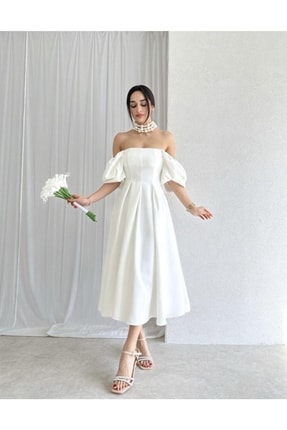 Beyaz Kare Yaka Balon Kol Pileli Midi Boy Elbise Image 1