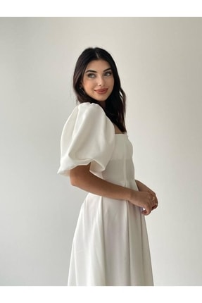 Beyaz Kare Yaka Balon Kol Pileli Midi Boy Elbise Image 4