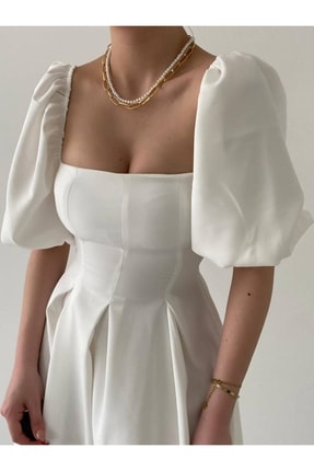 Beyaz Kare Yaka Balon Kol Pileli Midi Boy Elbise Image 5