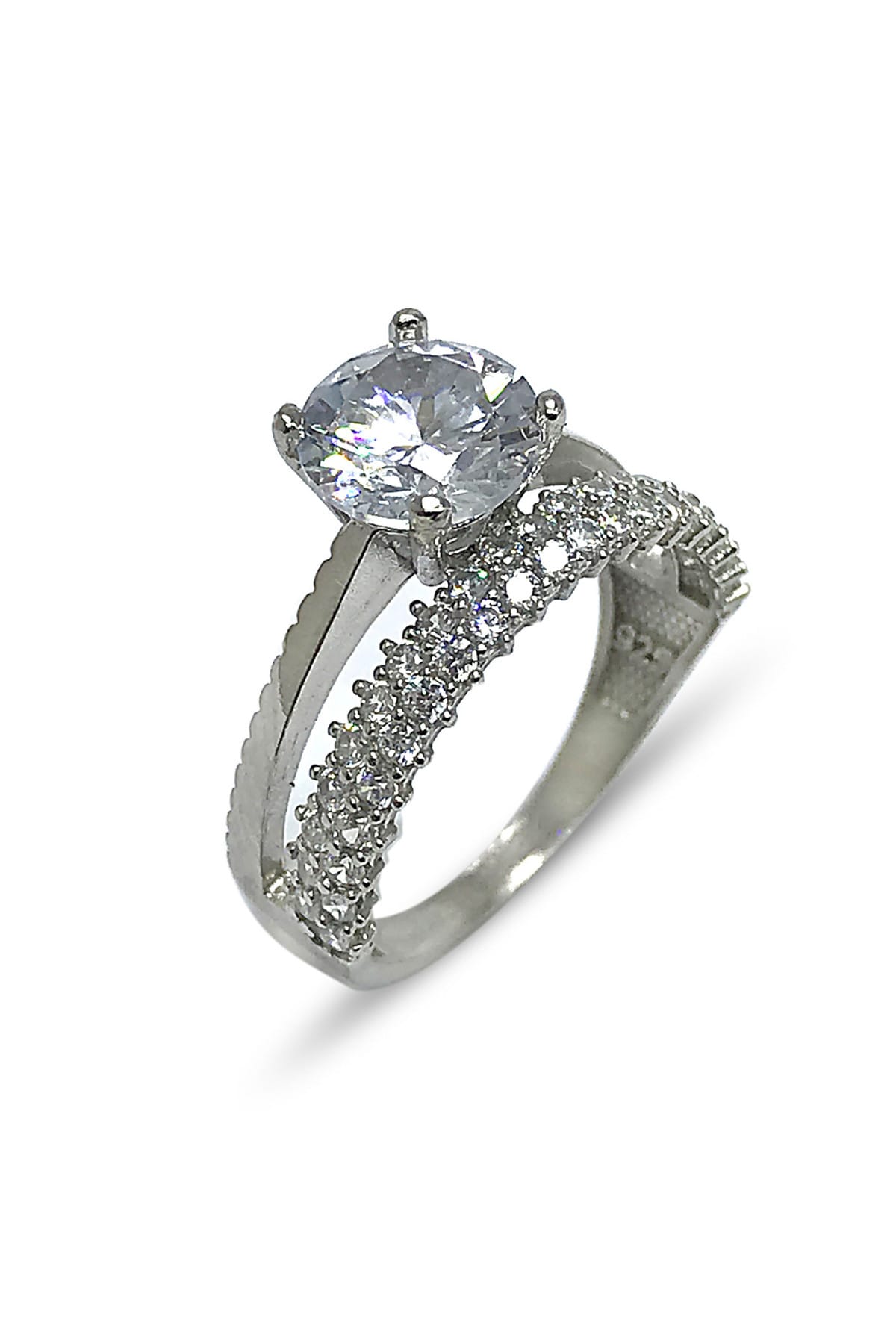 Midyat Gümüş Dünyası Kadın Iki Sıra Yarım Tur Alyans Ve Beyaz Taşlı Tek Taş Yüzük 2020039