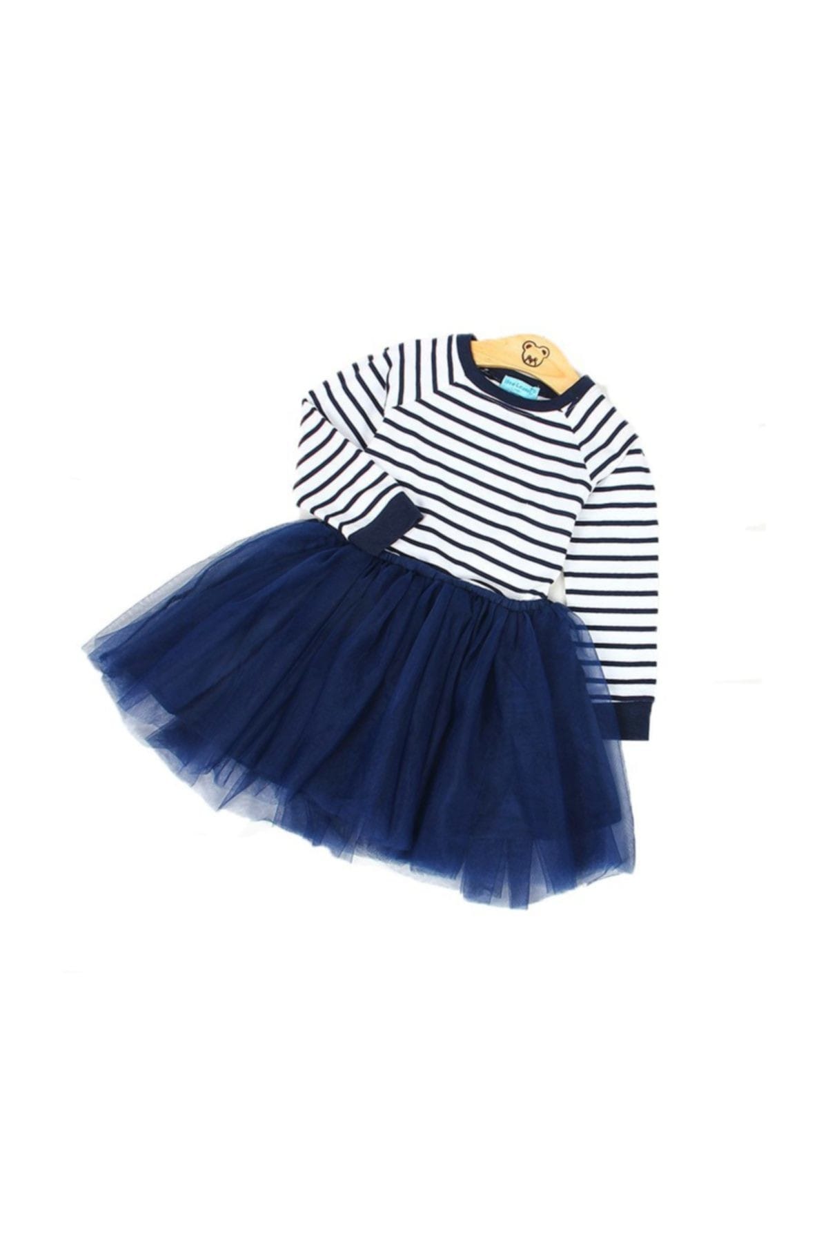 Unika Moda Lacivert Beyaz Çizgili Tütü Elbise 3-4 Yaş