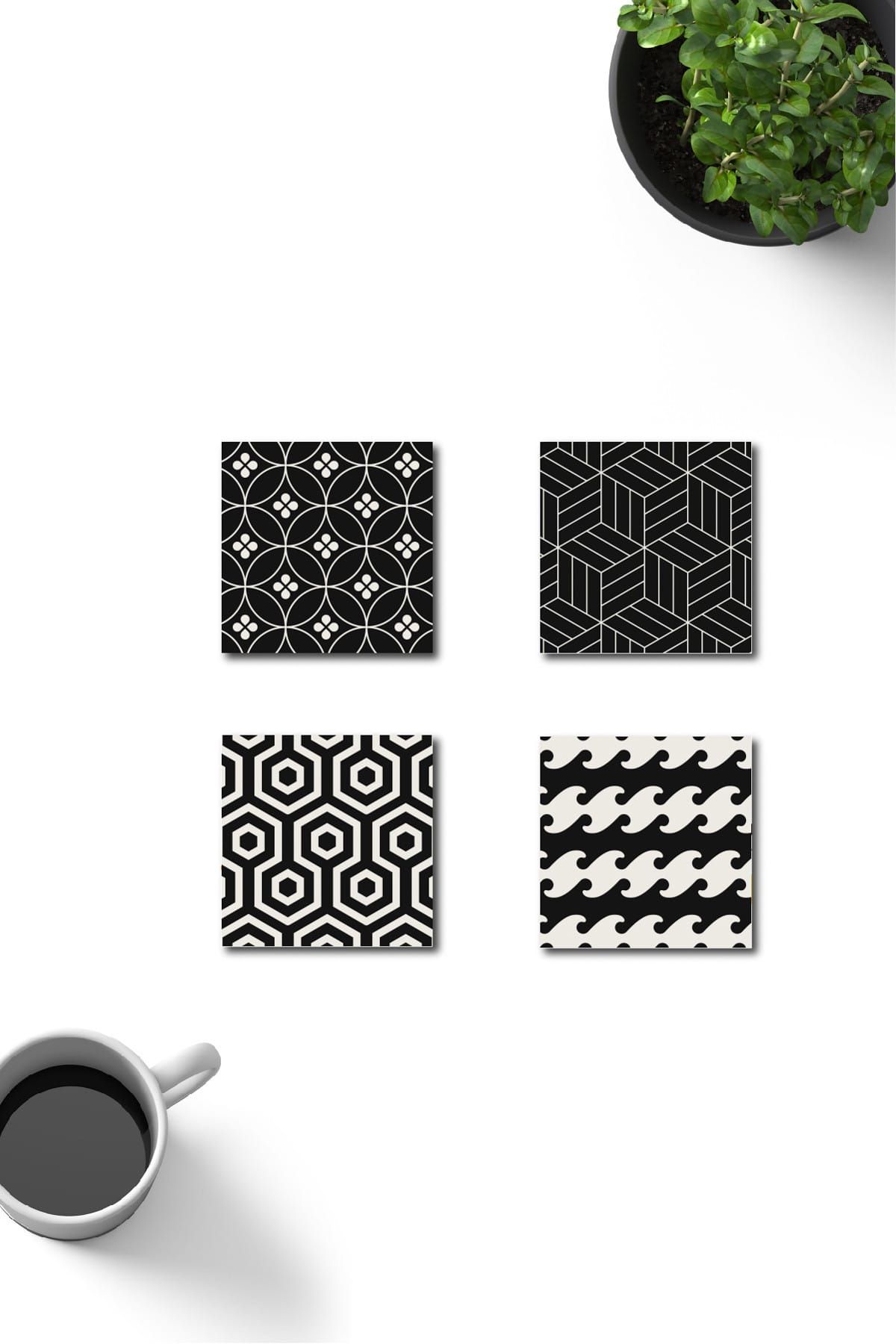 Yamamiya Dekoratif Siyah Geometrik Desenli Ahşap Bardak Altlığı 4'lü Set