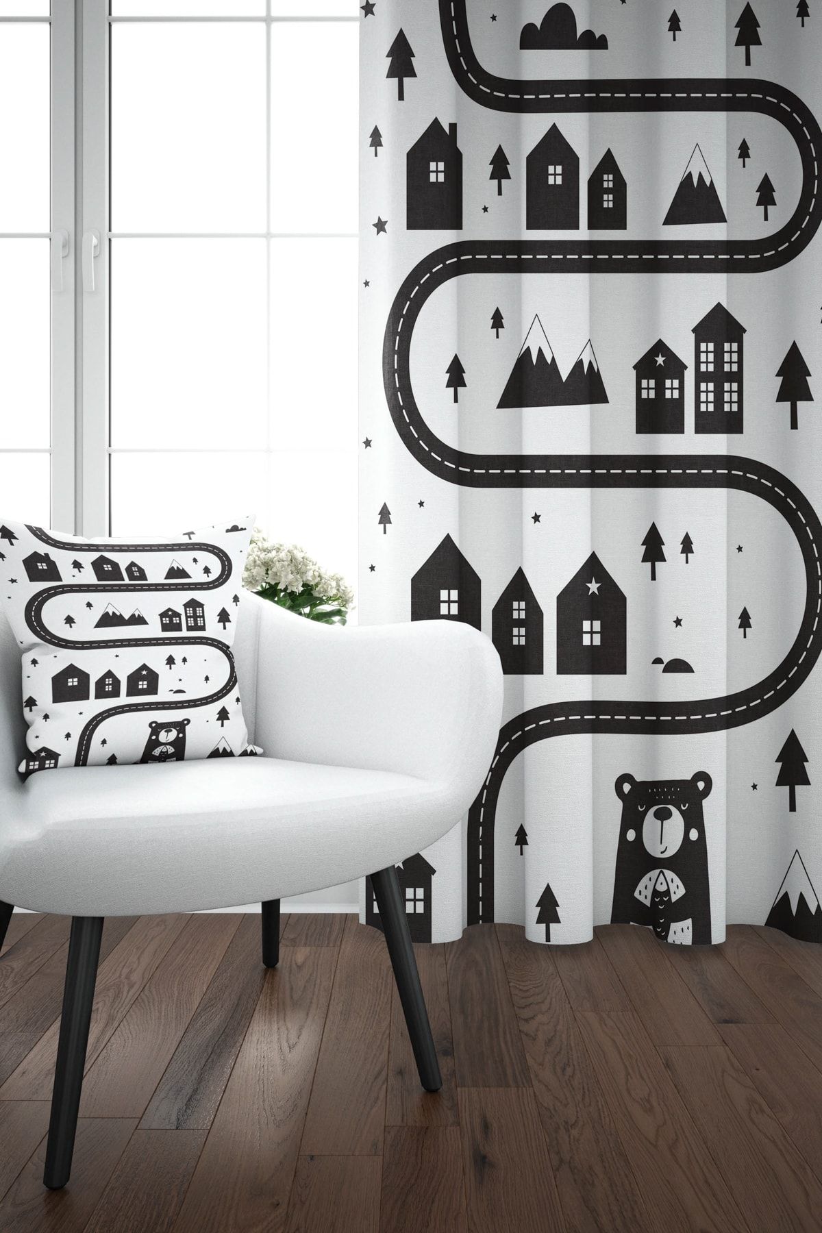 Else 140x270 Trafik Yollu Araba İskandinav Desenli Çocuk Perdesi