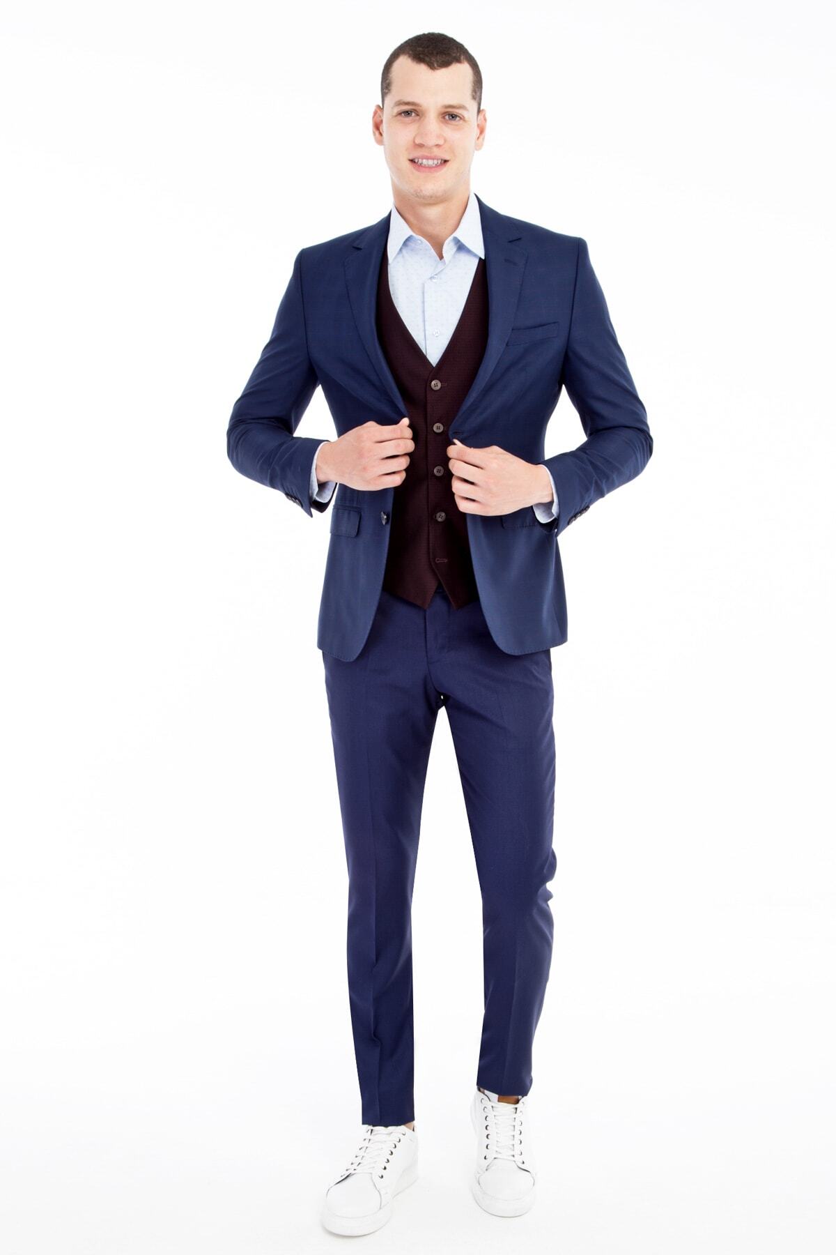 Kiğılı Slim Fit Yelekli Kombinli Ekose Takım Elbise