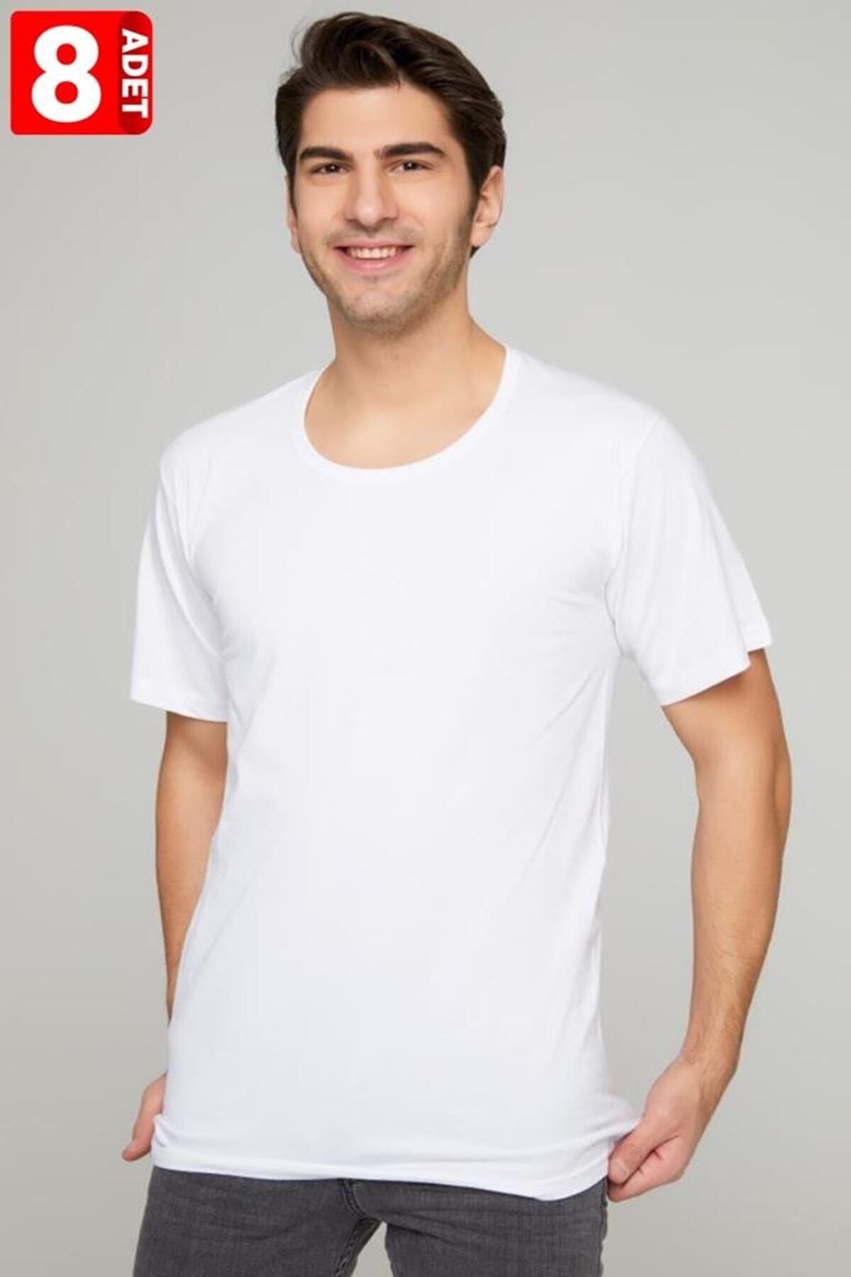 Seher Yıldız Erkek 8'Li Paket %100 Pamuk Açık Yaka Erkek Fanila Beyaz