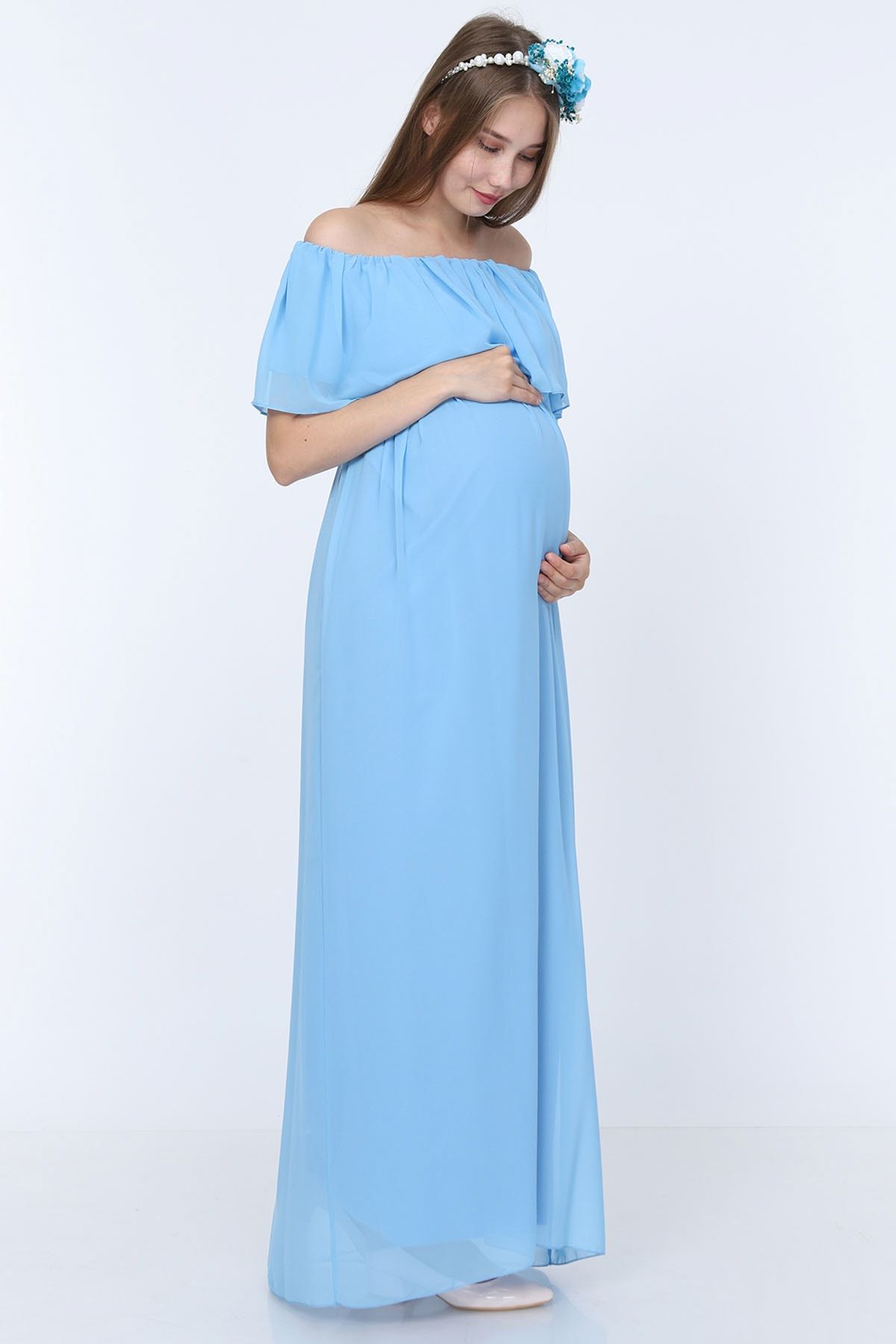 Moda Labio Şifon Düşük Omuz Hamile Elbisesi Bebe Mavi
