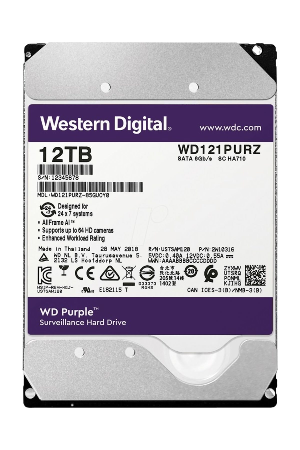 WD Purple 3.5 12TB 7200Rpm 256Mb Sata 3 7/24 WD121PURZ
