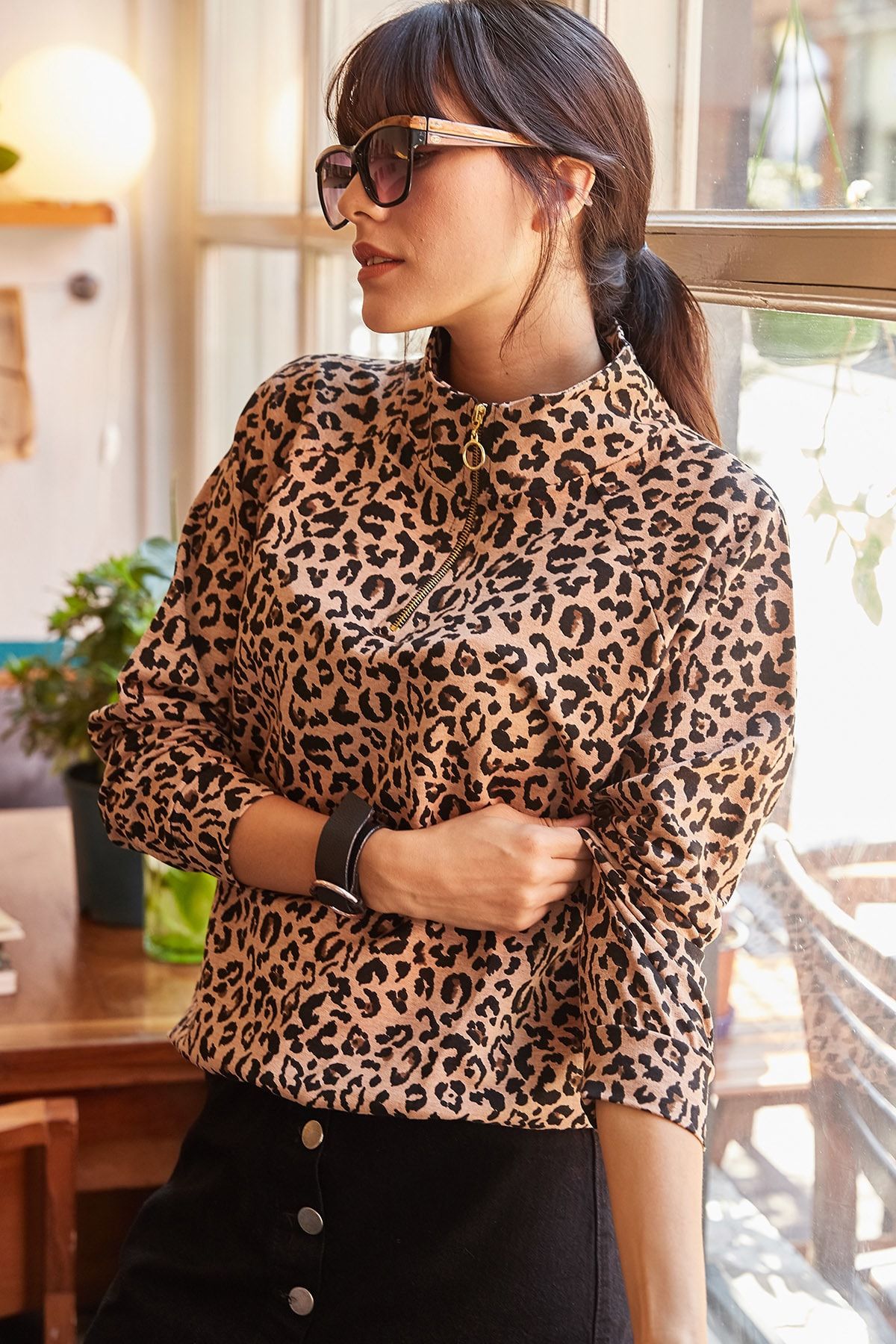 Olalook Kadın Vizon Fermuarlı Leopar Sweatshİrt SWT-19000181