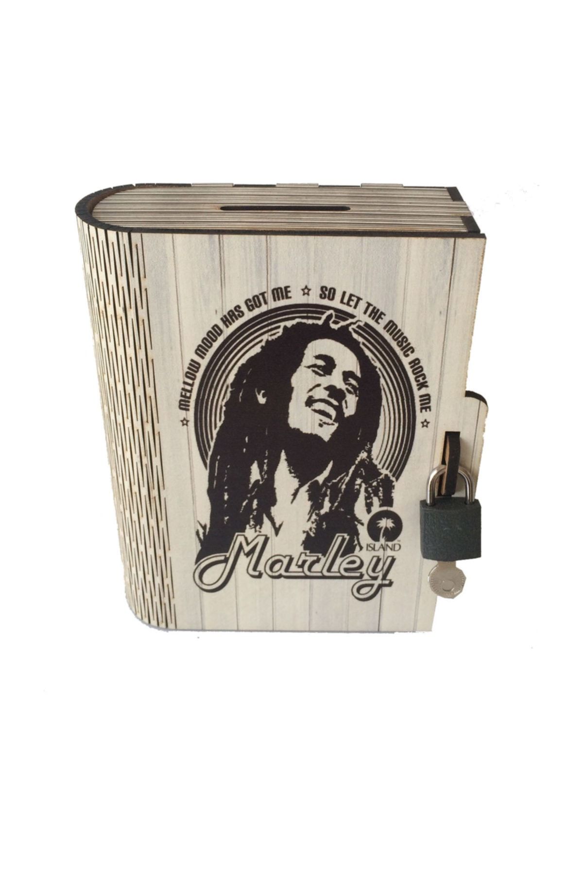 PRATİK DEKOR Kitap Kumbara Kilitli Ahşap Kutu Bob Marley