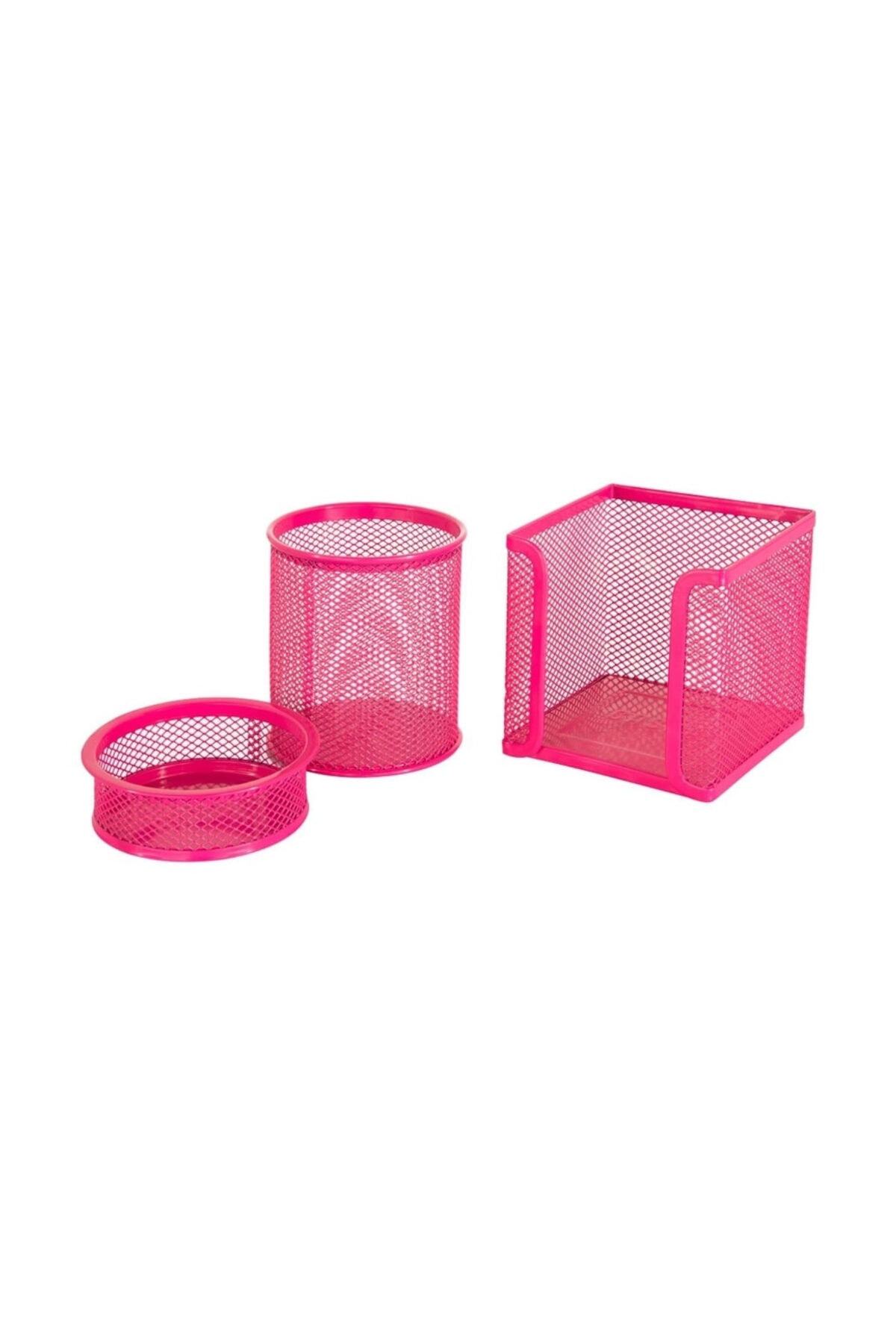 Mimaks Masa Seti Ataşlık-Kağıtlık-Kalemlik 3 Lü Metal Perforeli Pembe Ms-3