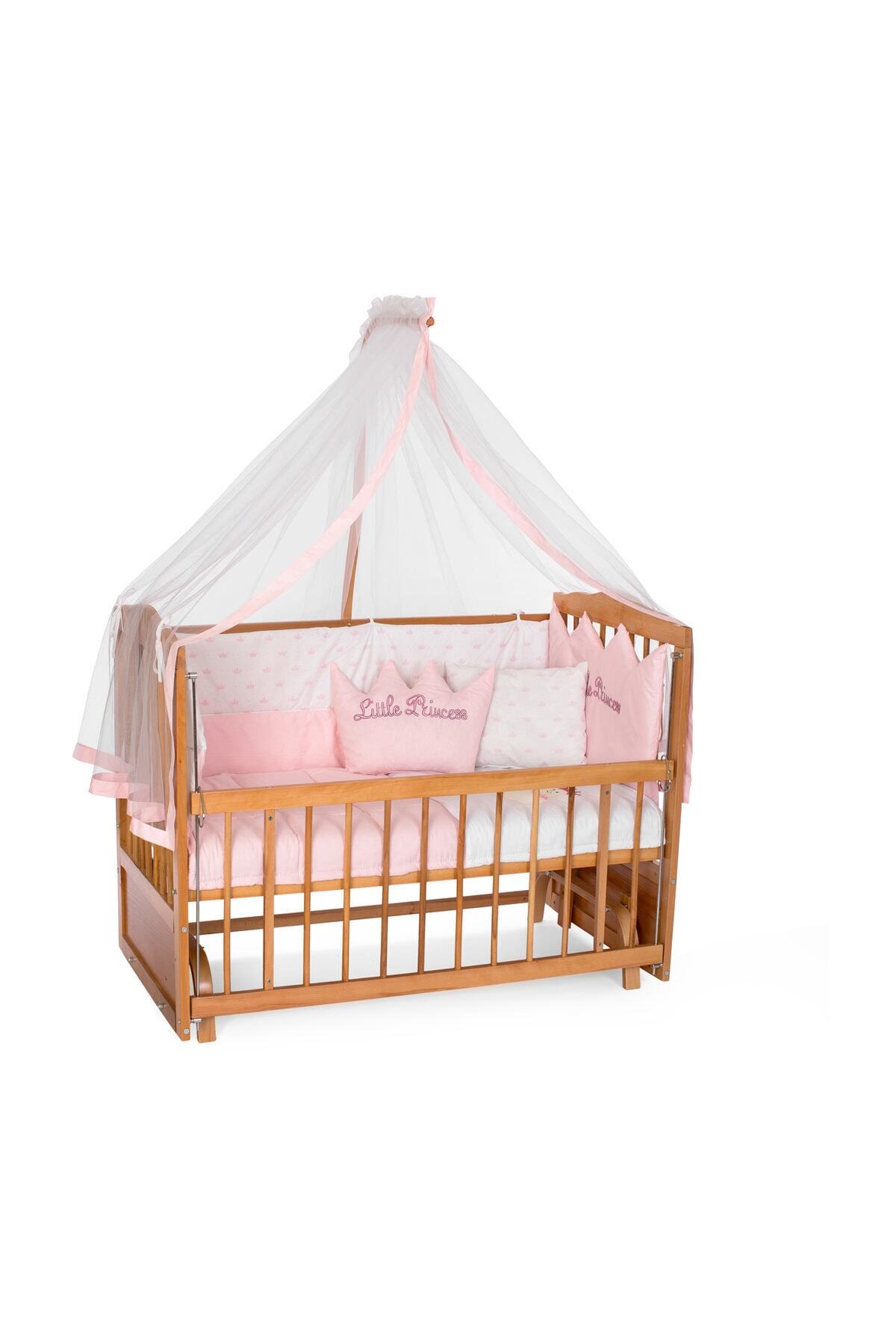 Carino Wins Ahşap Doğal 60 X 120 Cm Beşik Anne Yanı Kademeli Beşik Ve Pembe Prenses Nevresim Takımı & Yatak