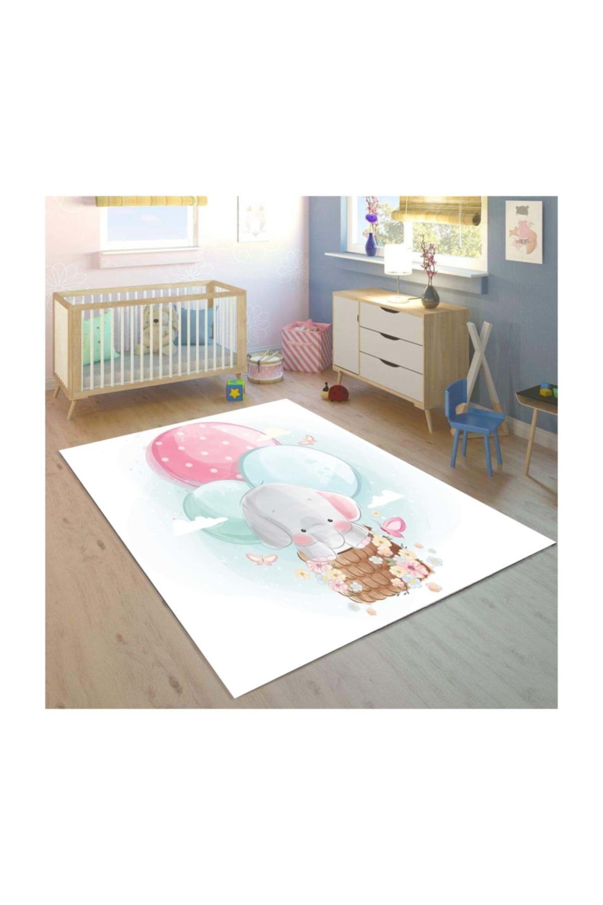 Else Halı Else Balonlu Fil 3d Baskılı Desenli Çocuk Bebek Odası Halısı - 130x180cm