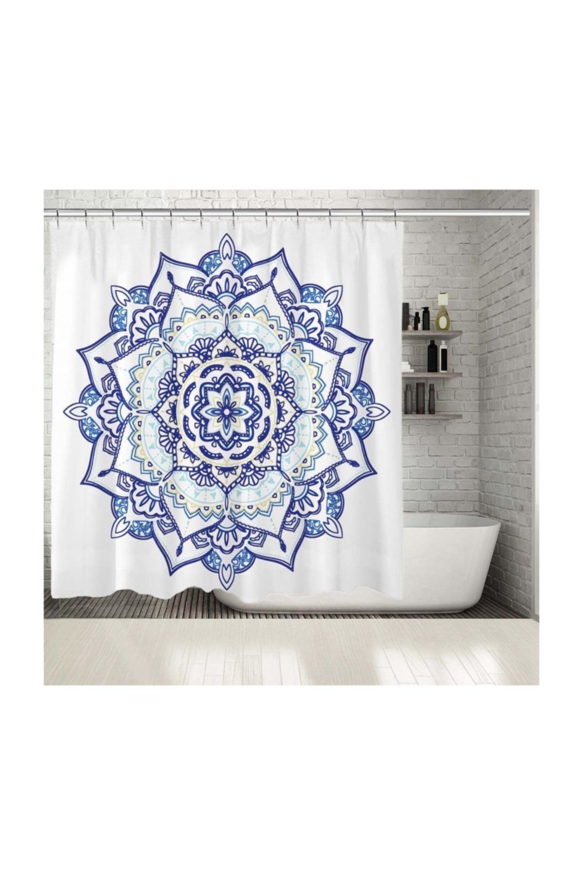 Henge Home Baskılı Duş Perde Mandala Etnik Desen Açık Mavi