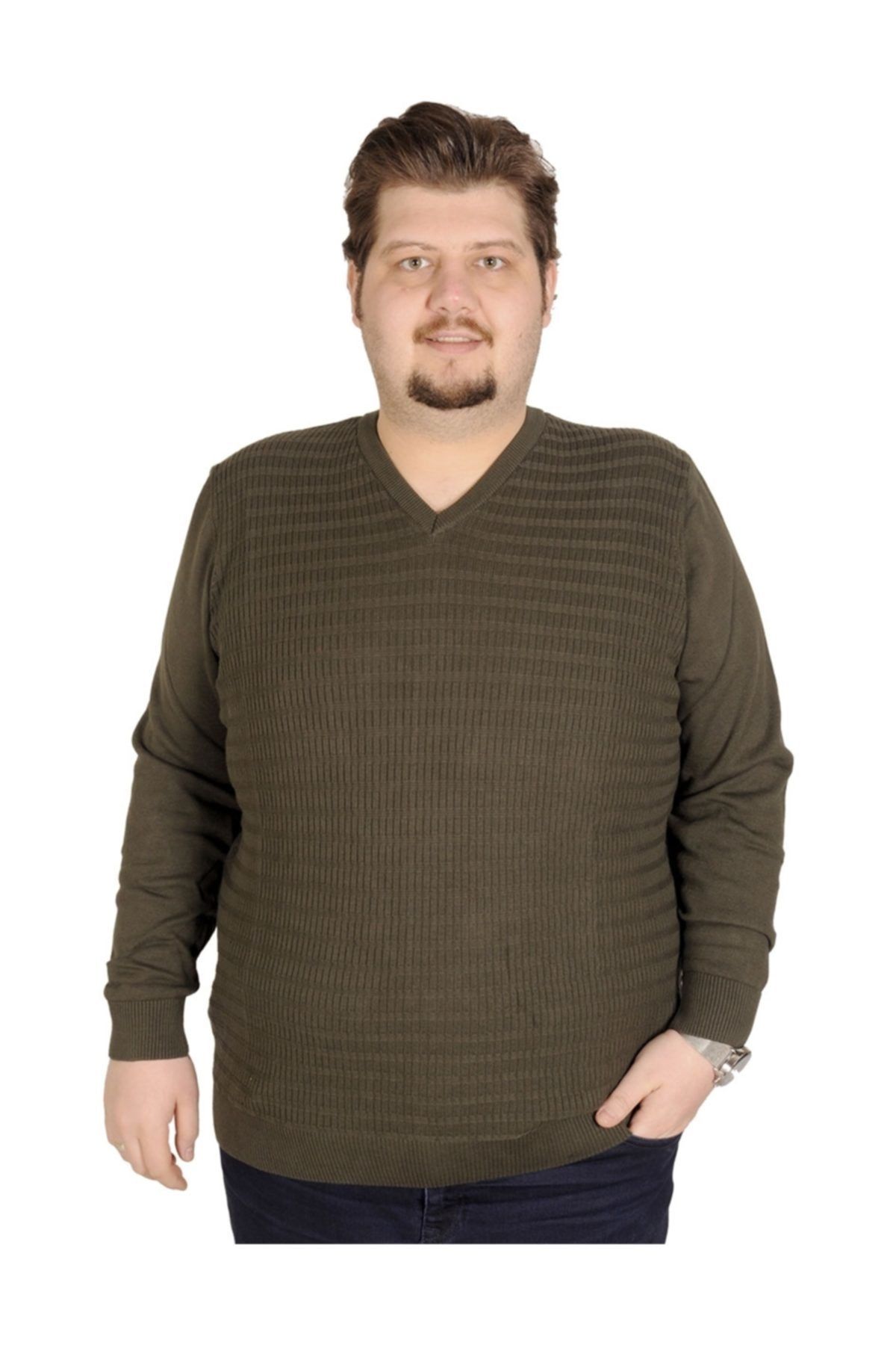 ModeXL Battal Beden Erkek Kazak V Yaka Cotton Ribbed 18259 Haki