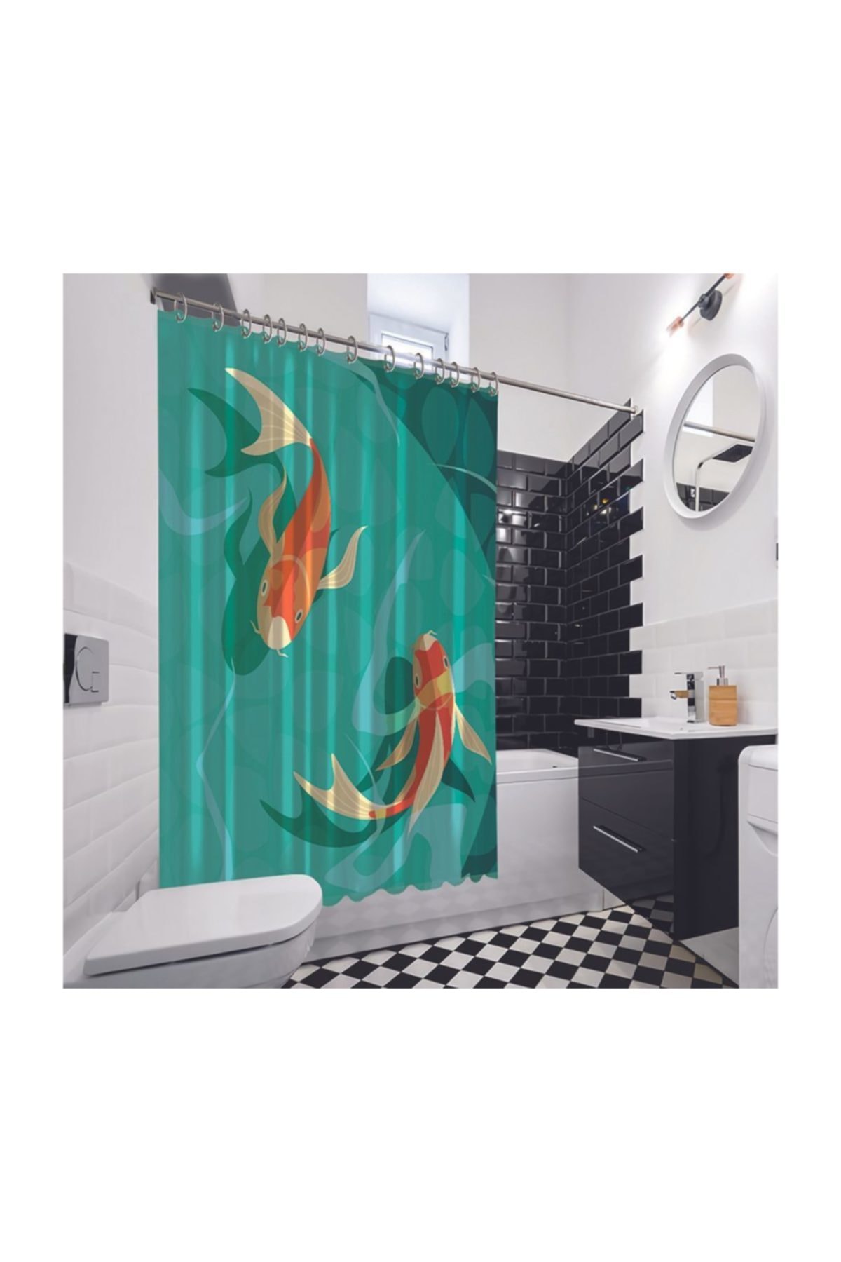 Henge Home Mavi Su Turuncu Balıklı Desenli Duşperdesi