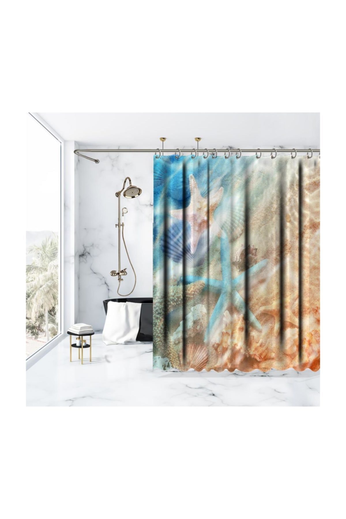 Henge Home Baskılı Duş Perde Okyanus Kumsal Deniz Yıldızı Deseni