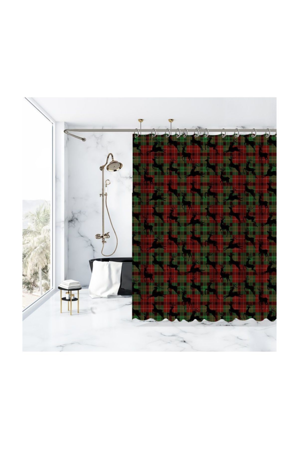 Henge Home Noel Yılbaşı Kırmızı Yeşil Ekose Desenli Geyikli Duşperdesi