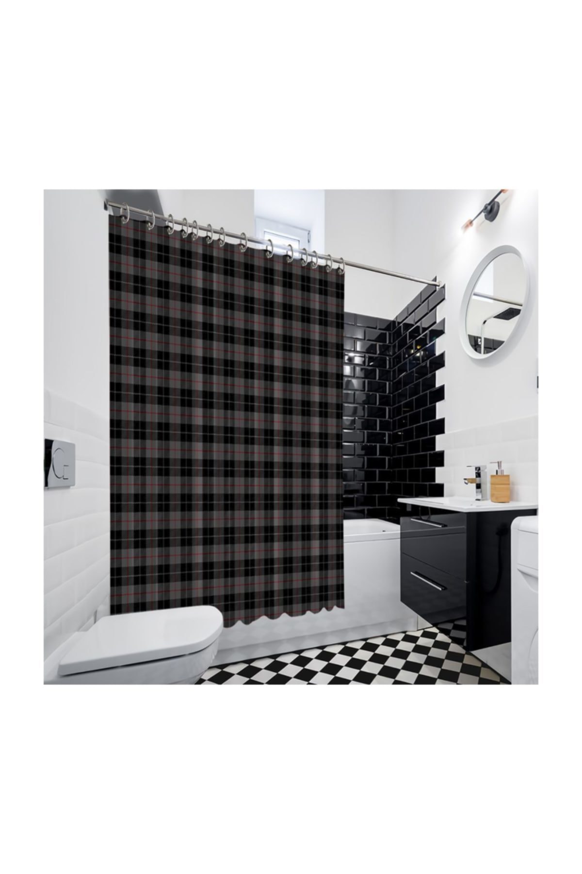 Henge Home Siyah Gri İnce Kırmızı Çizgili Tartan Ekose Desenli Duşperdesi