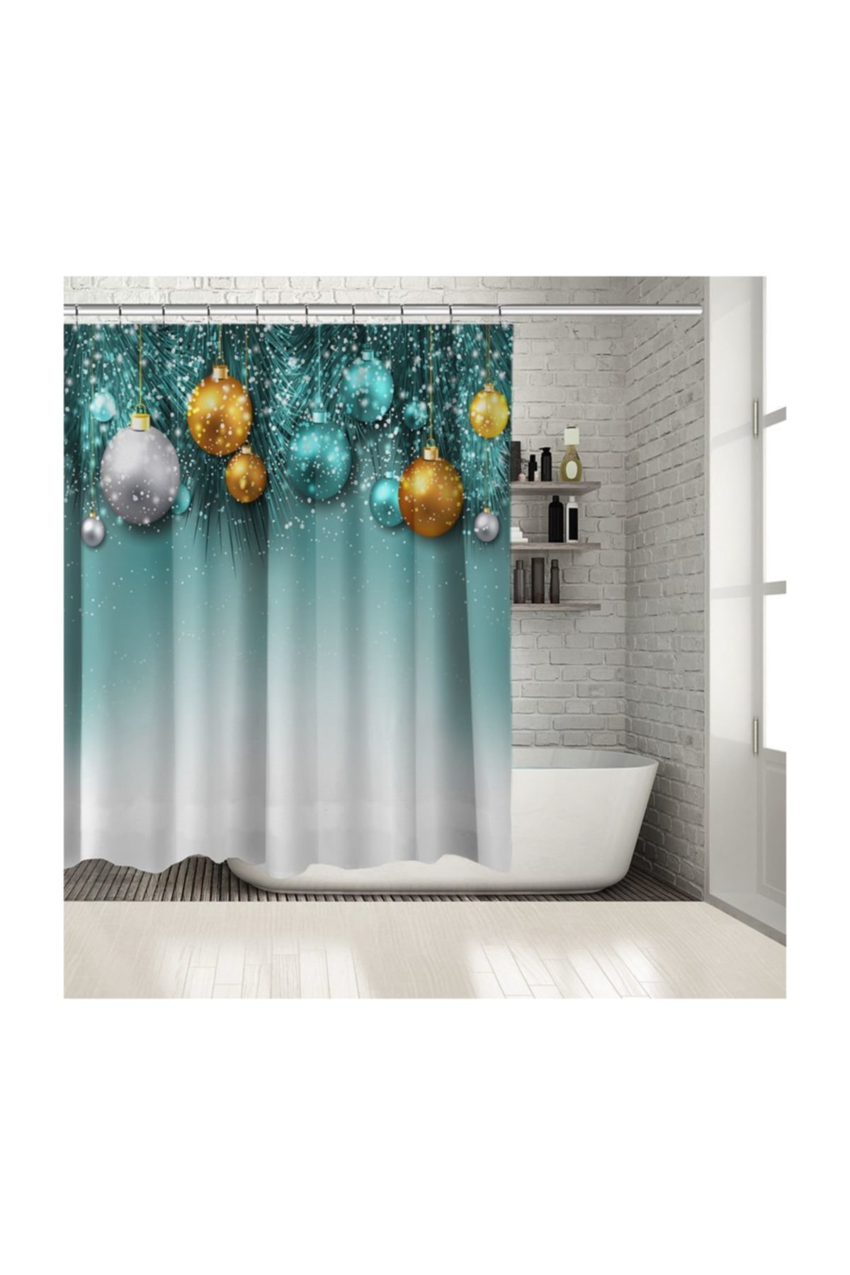 Henge Home Altın Gümüş Noel Süsleri ile Yılbaşı Hediye Yeşil Duş Perdesi