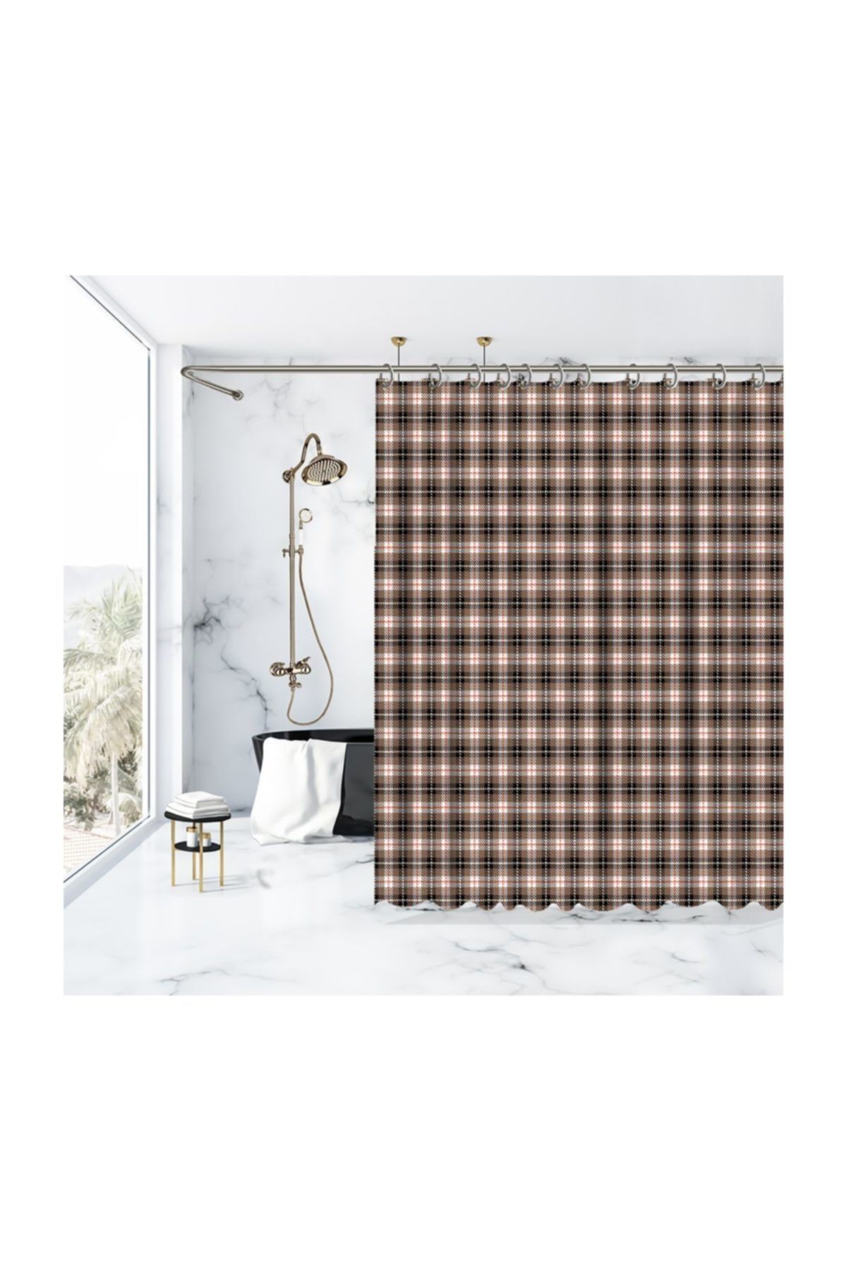 Henge Home Bej Siyah Kırmızı Beyaz Tartan İskoç Ekose Desenli Duşperdesi