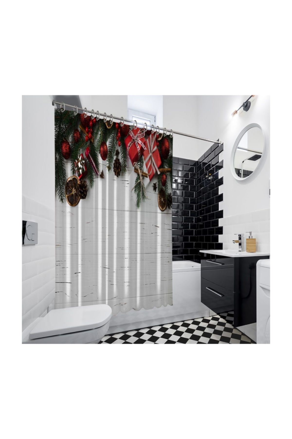 Henge Home Beyaz Ahşap Kırmızı Noel Süsleri ile Tarçınlı Hediyeler Duşperdesi