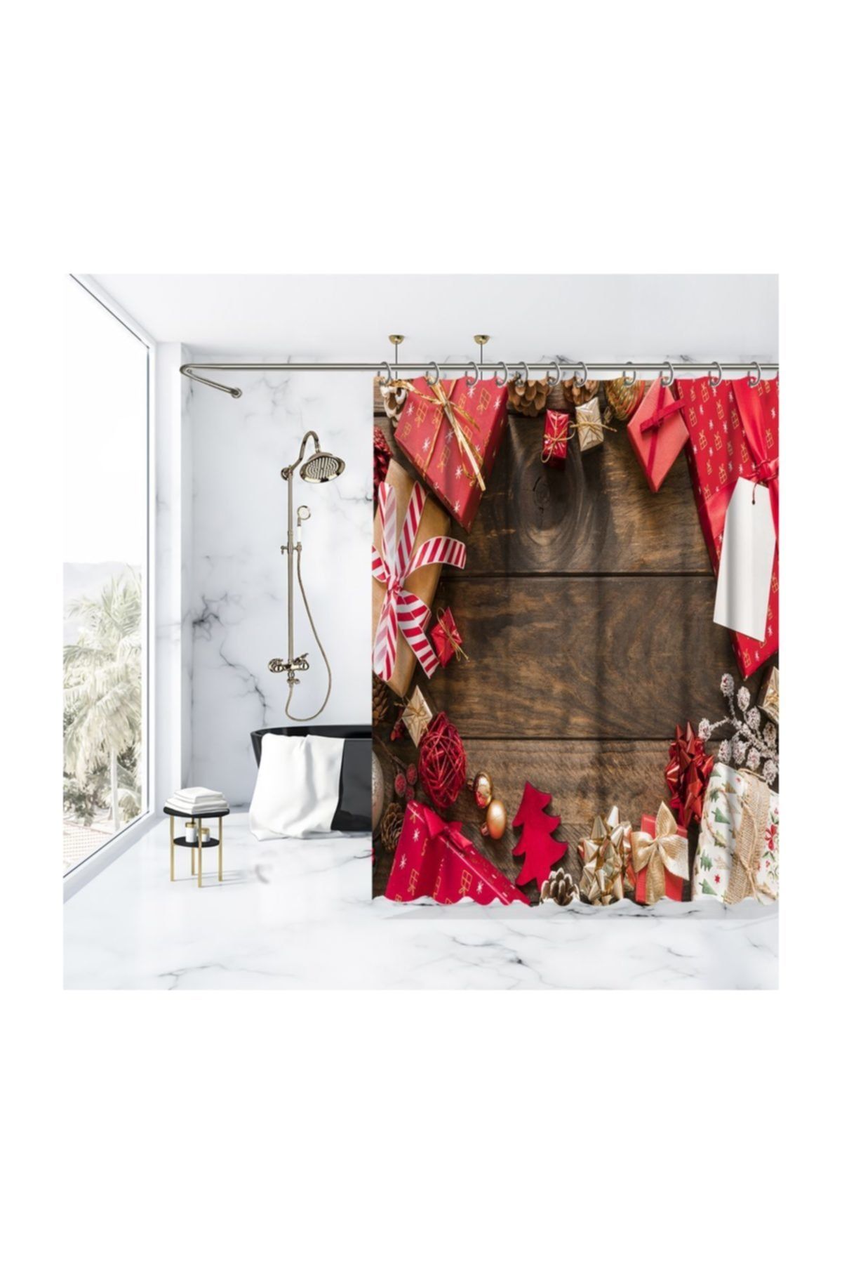 Henge Home Kırmızı Çam Kozalak Hediye Paketleri Noel Yılbaşı Duşperdesi