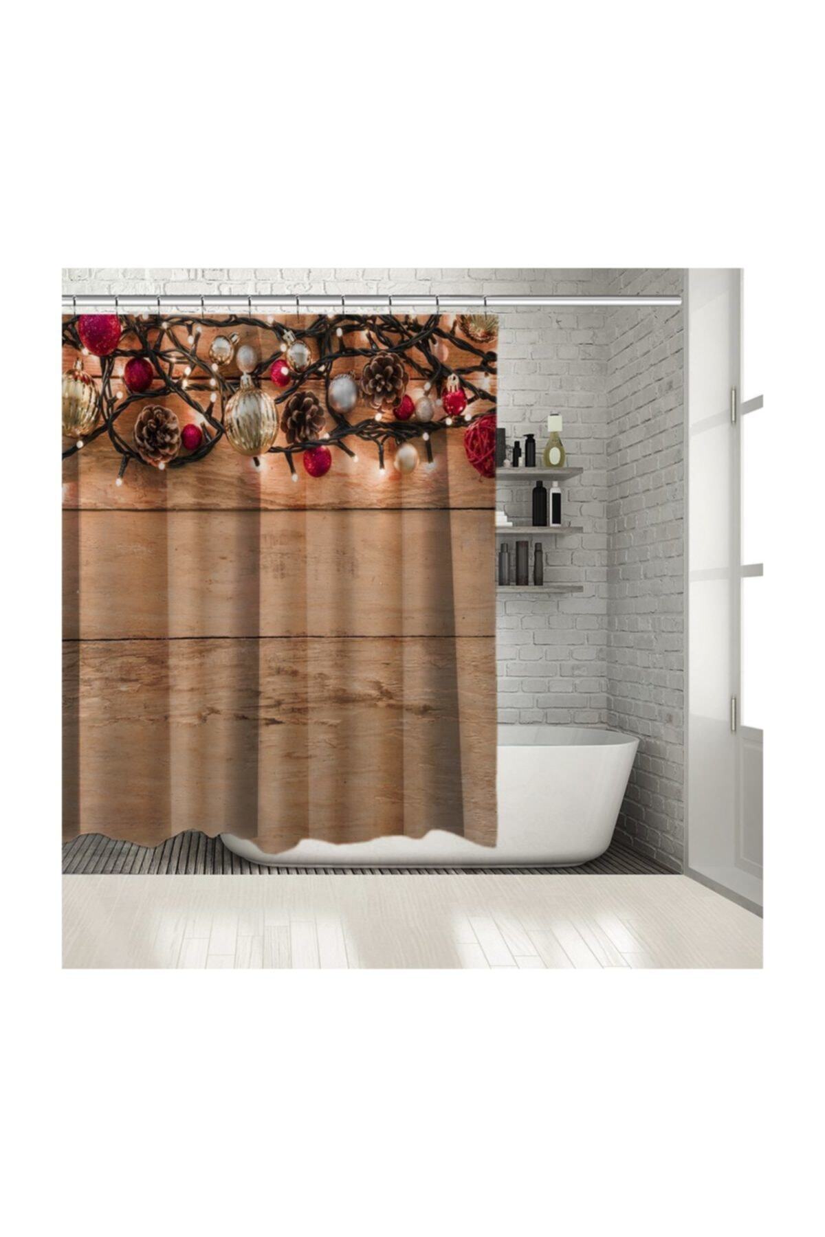 Henge Home Noel Işıklı Altın Kırmızı Yılbaşı Süsleri İle Kozalaklı Ahşap Duşperdesi