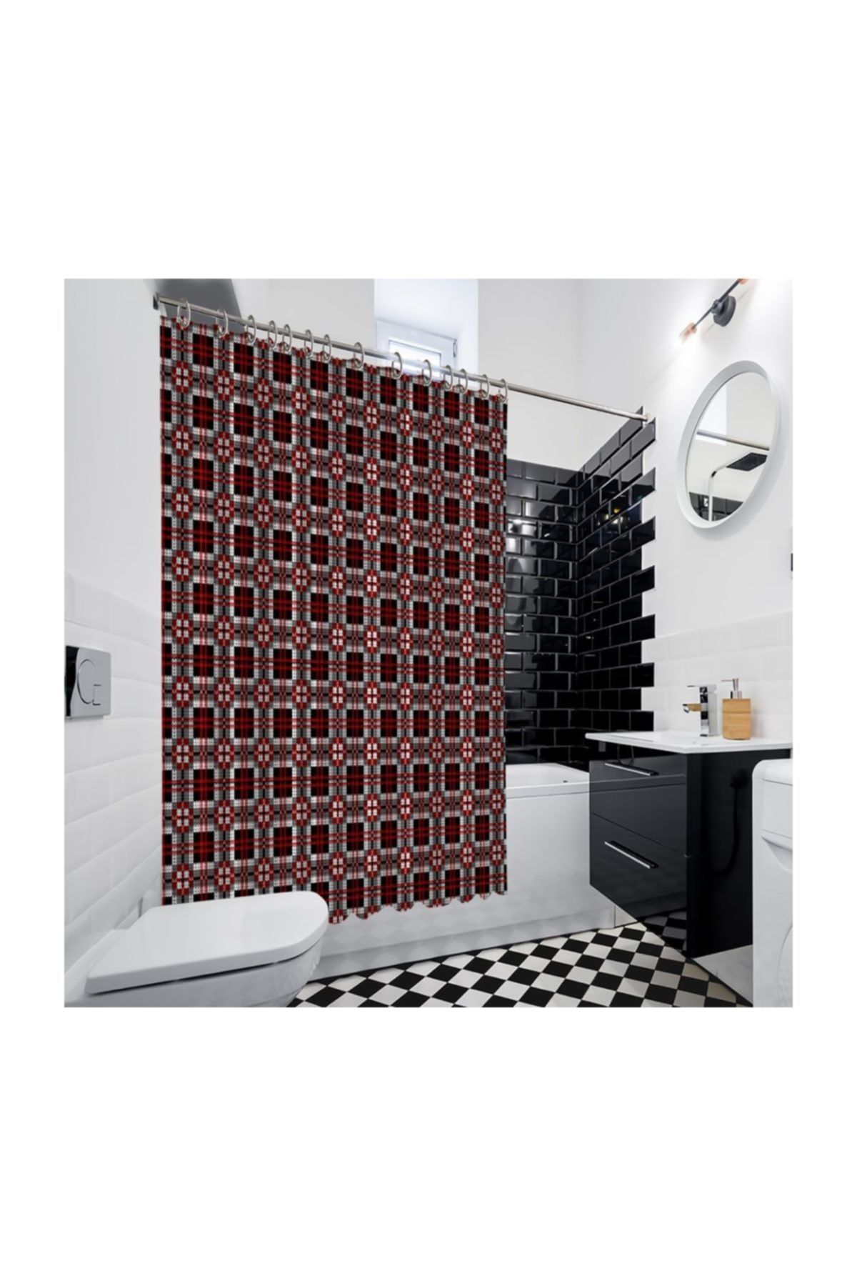 Henge Home Örme Ekose Tartan Desen Kırmızı Siyah Gri Renkli Duşperdesi
