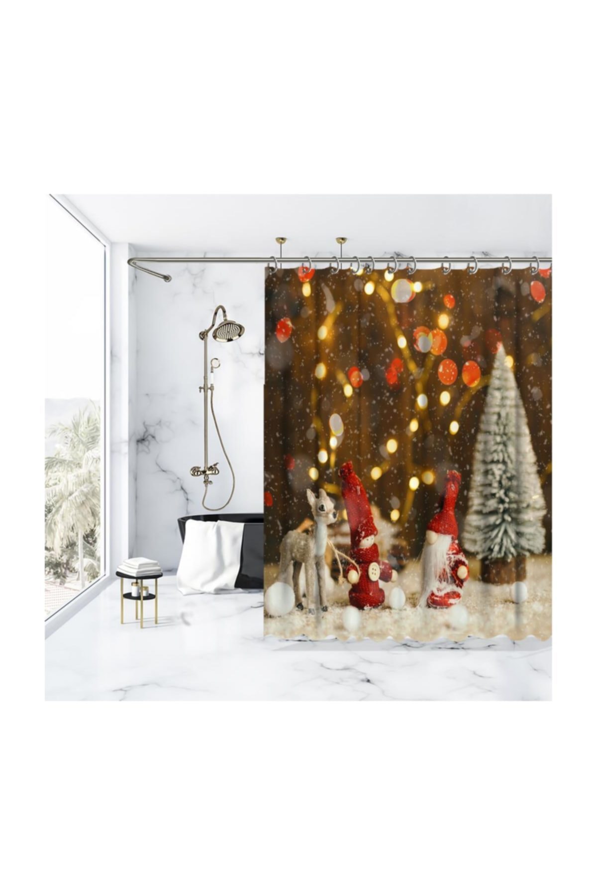 Henge Home Yılbaşı Çam Ağacı Noel Baba İle Bokeh Işıklı Hardal Duşperdesi