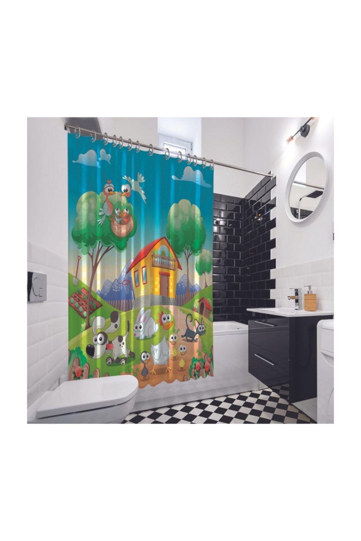 Henge Home Çocuklar İçin Çiftlik Hayvan Desenli Duşperdesi
