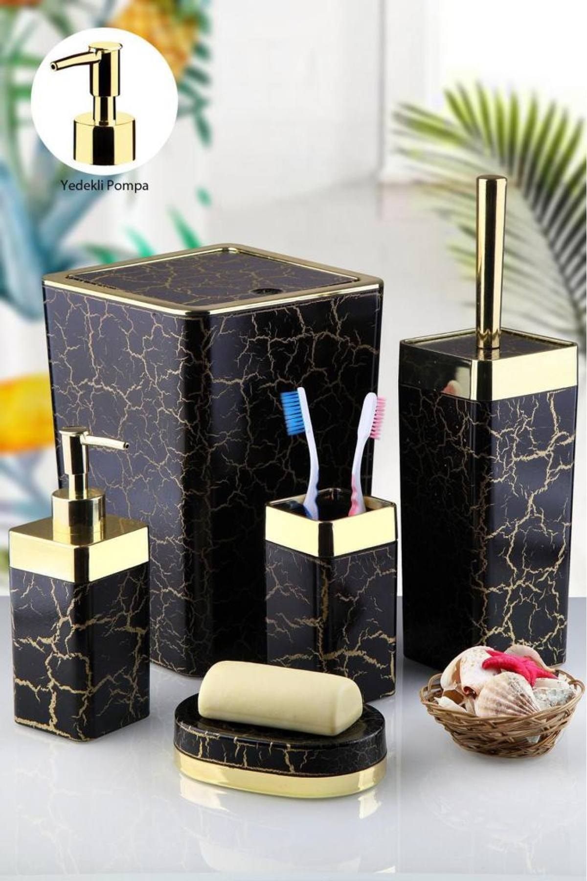 İmera Gold Çizgi Altın Mermer Desen Banyo Takımı 5'li