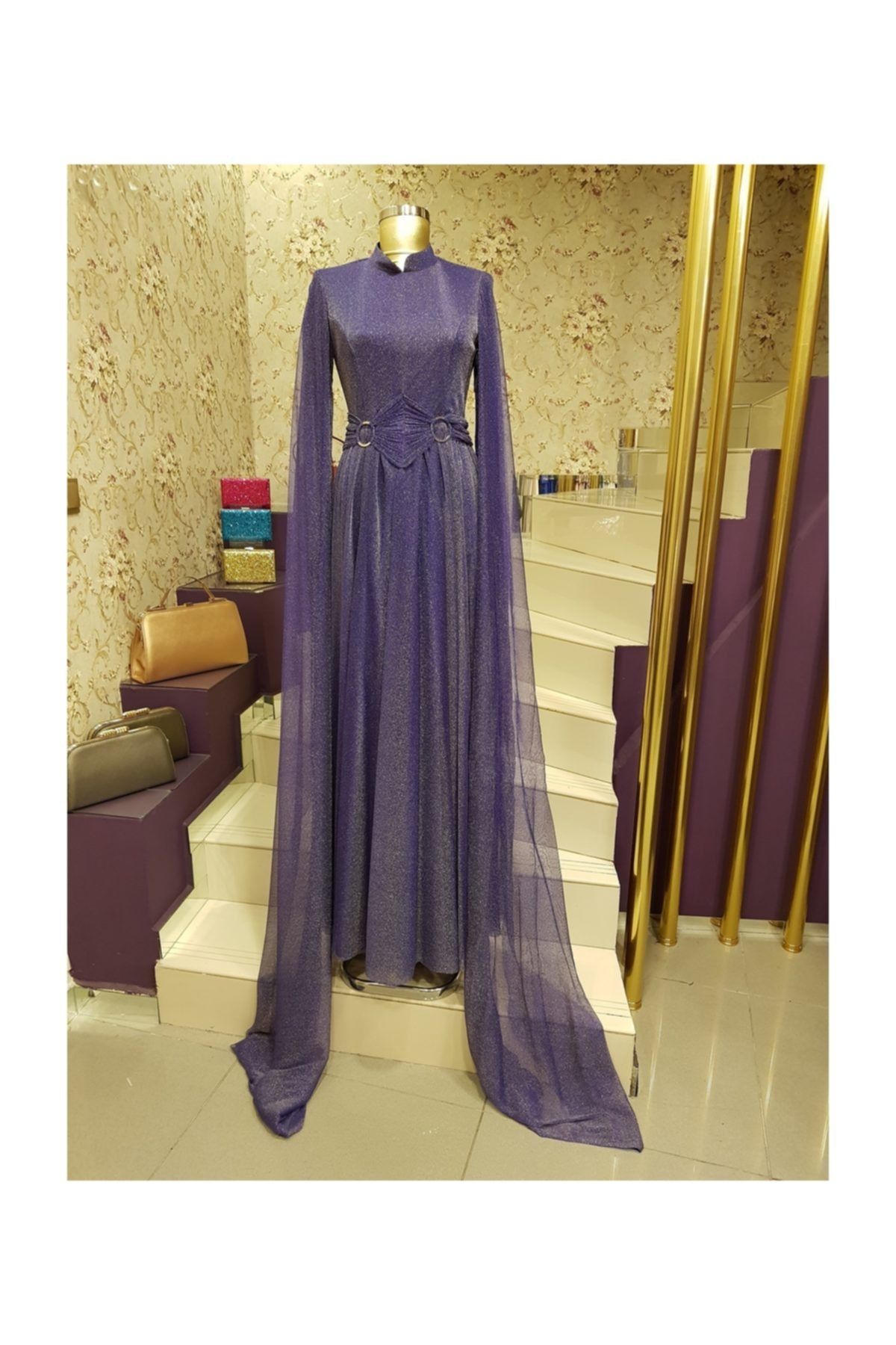 ALFAABİYE Meyra Butik Lila Simli Pelerinli Özel Gece Abiye